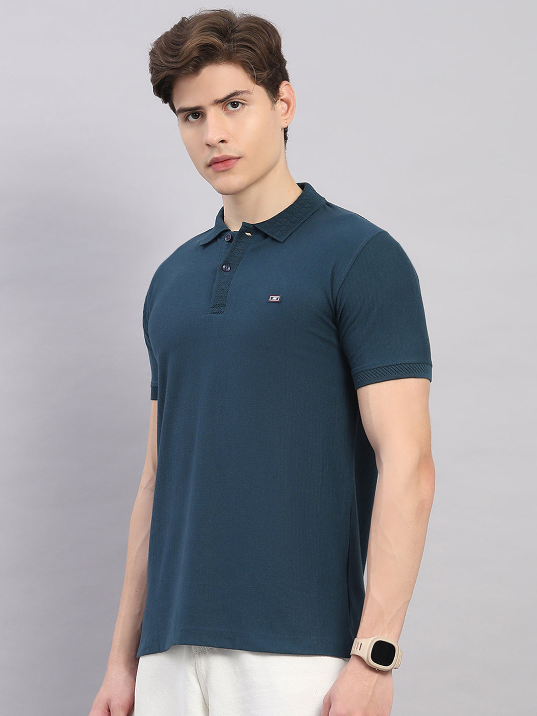 Men Teal Blue Geometric Stand Collar Half Sleeve T-Shirt