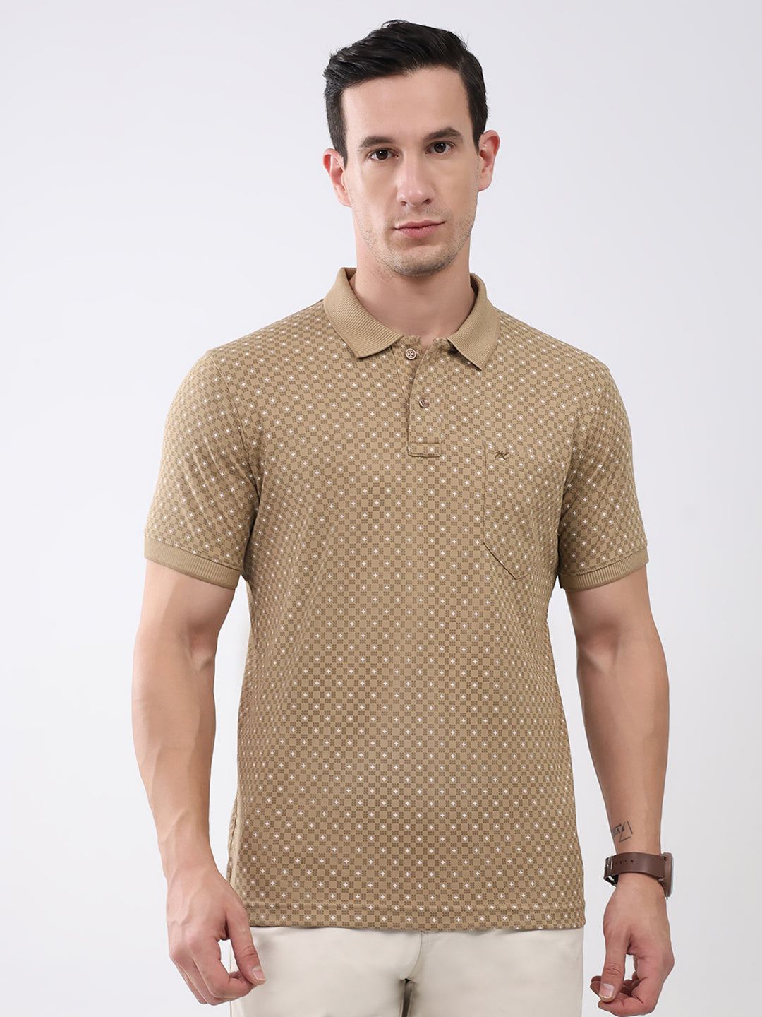 Buy Men Khaki Printed Collar Half Sleeve T-Shirt Online in India