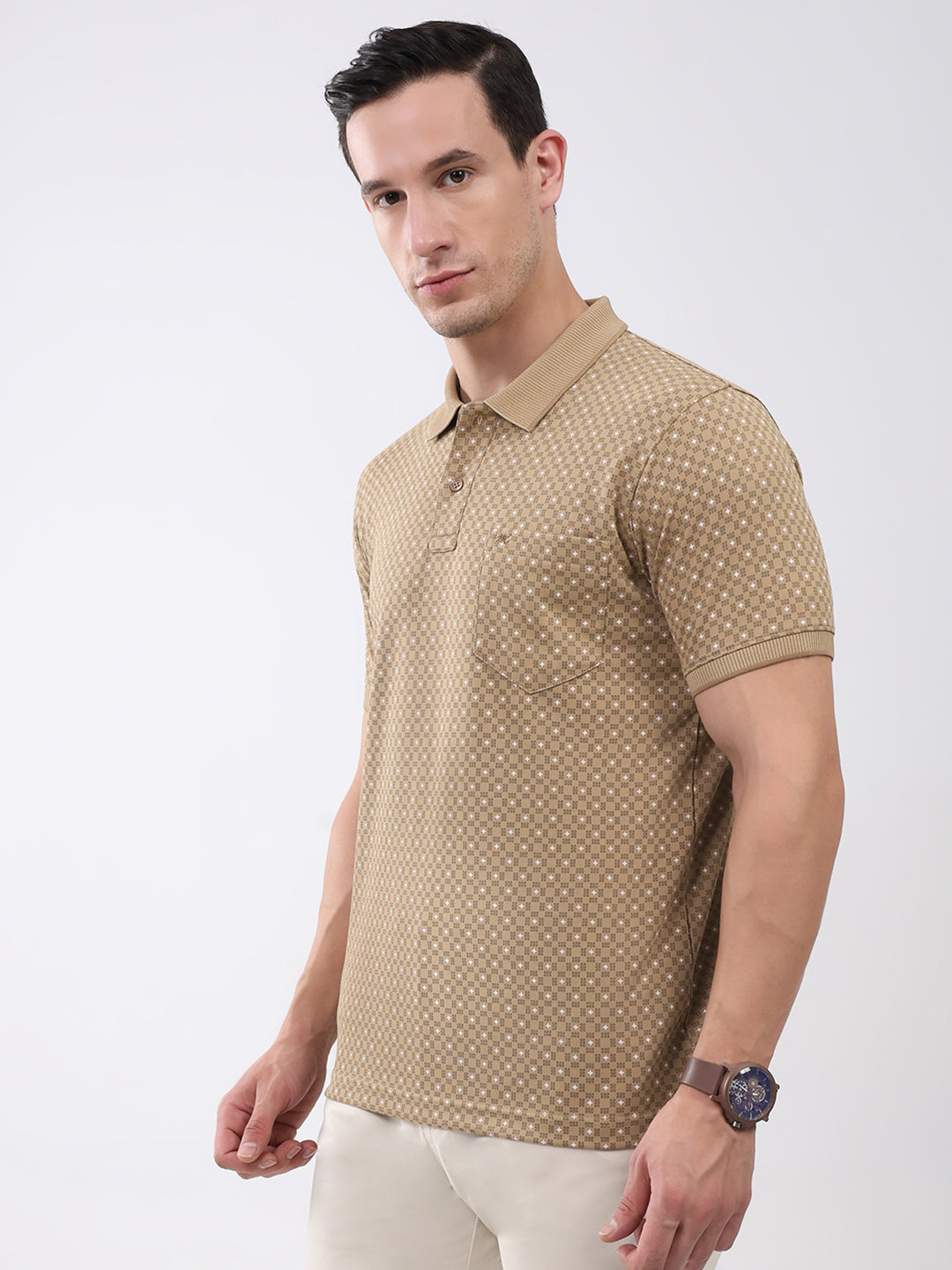 Men Khaki Printed Collar Half Sleeve T-Shirt