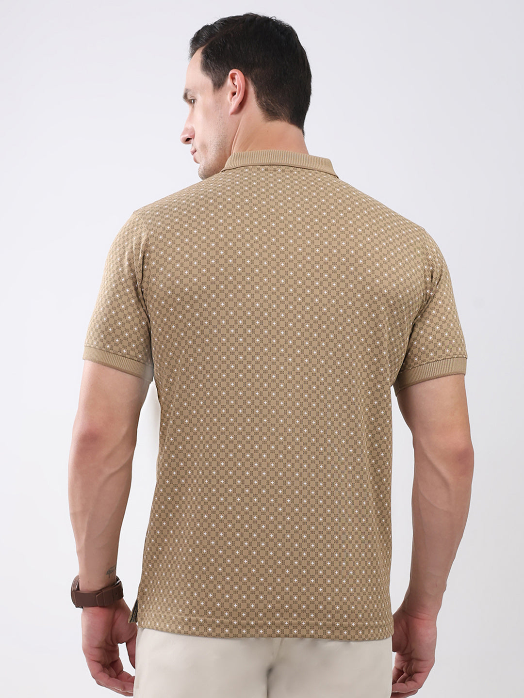 Men Khaki Printed Collar Half Sleeve T-Shirt