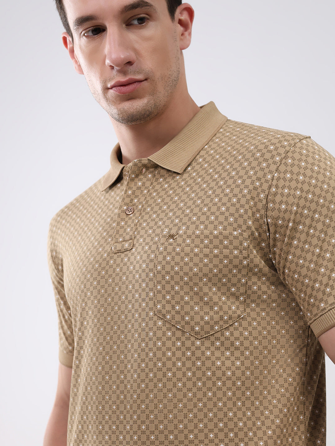 Men Khaki Printed Collar Half Sleeve T-Shirt