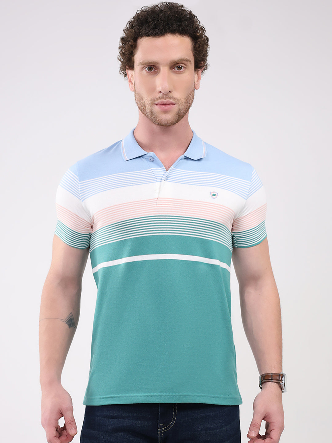 Men Green Check Collar Half Sleeve T-Shirt