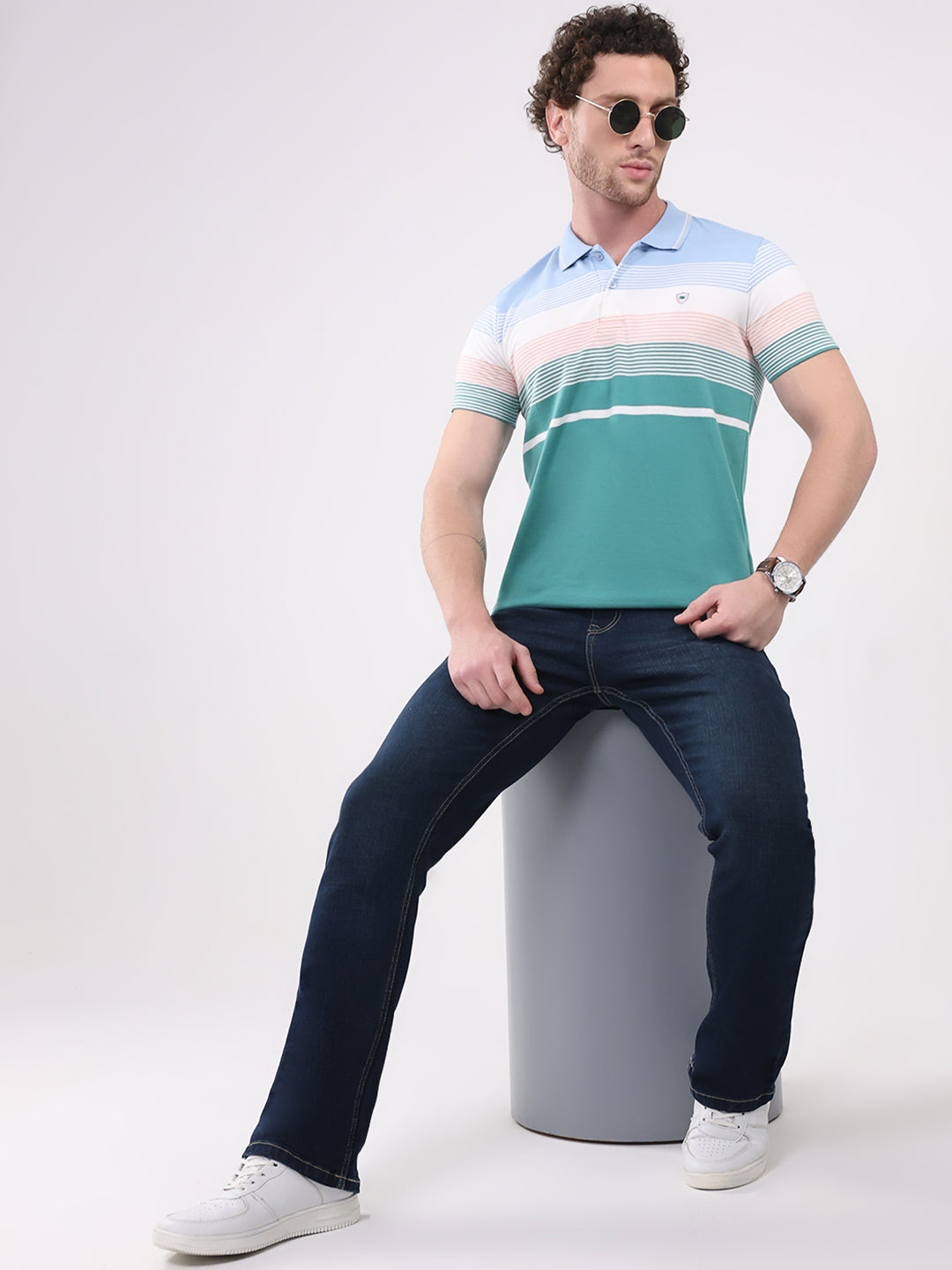 Men Green Check Collar Half Sleeve T-Shirt