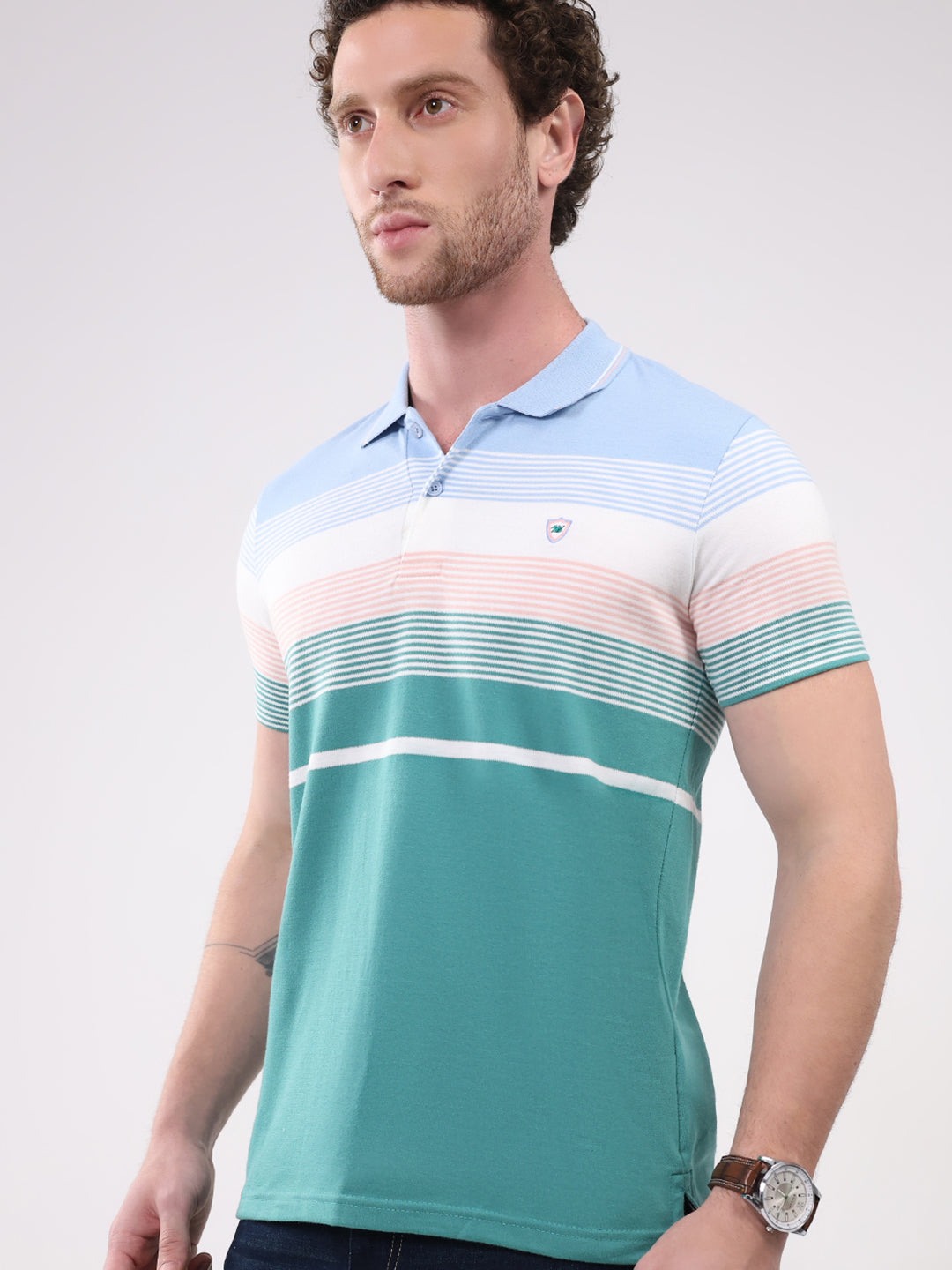 Men Green Check Collar Half Sleeve T-Shirt