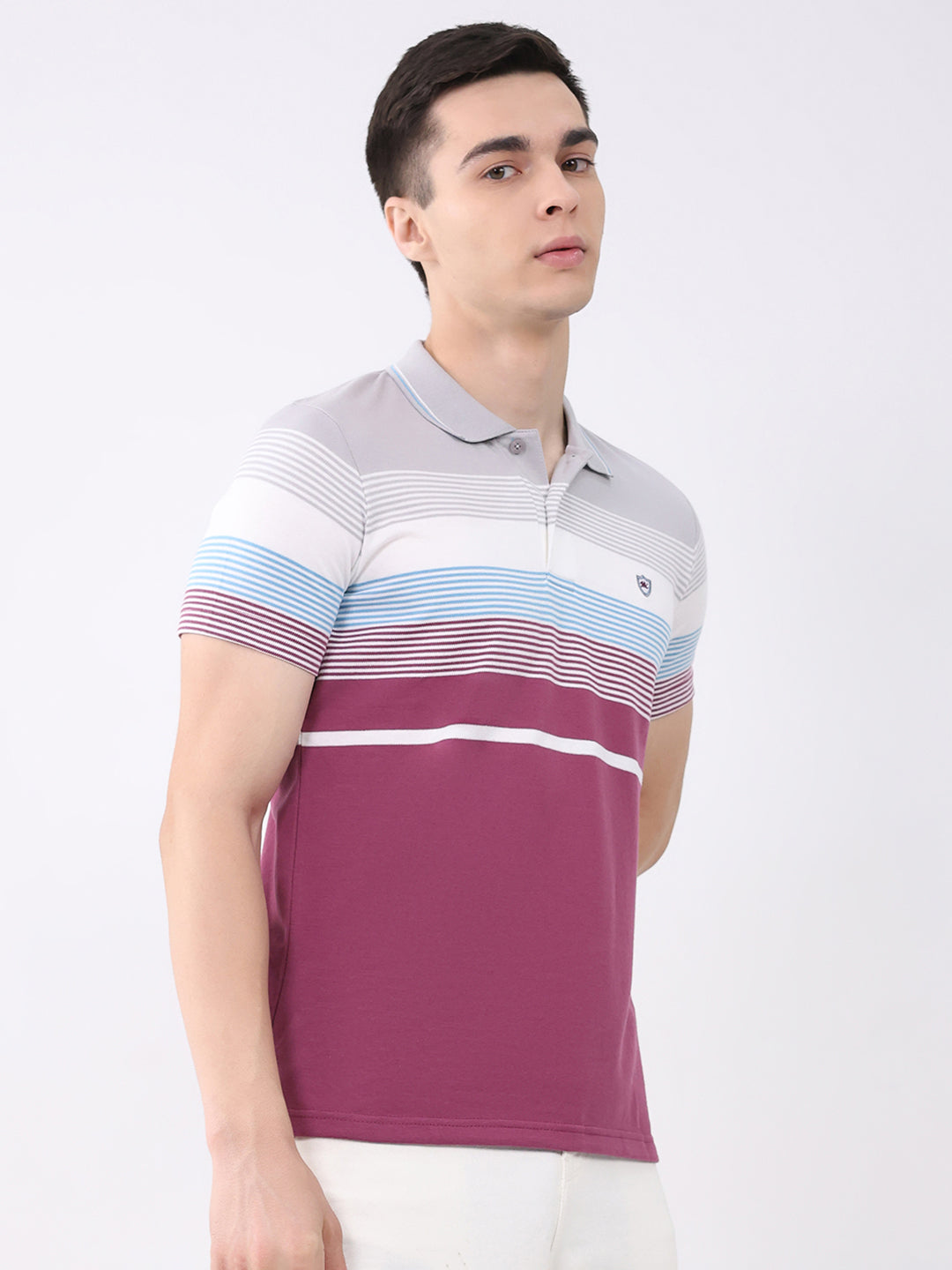 Men Multicolor Stripe Collar Half Sleeve T-Shirt