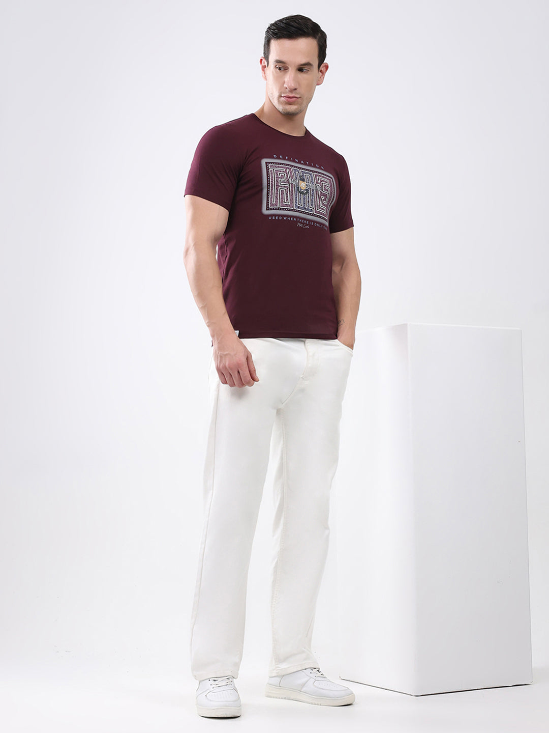 Men Maroon Printed Round Neck Half Sleeve T-Shirt