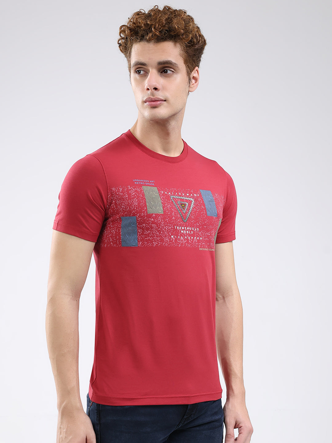 Men Maroon Printed Round Neck Half Sleeve T-Shirt