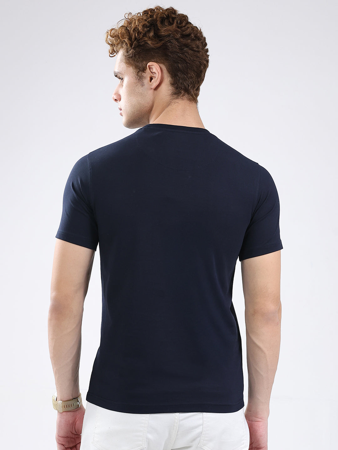 Men Navy Blue Printed Round Neck Half Sleeve T-Shirt