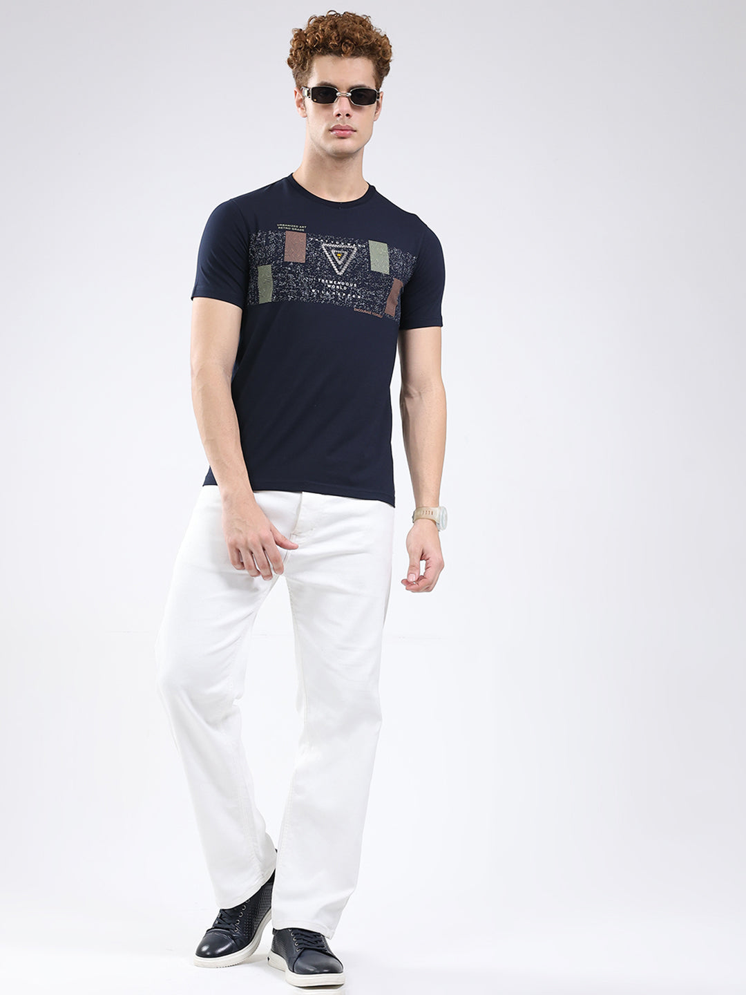 Men Navy Blue Printed Round Neck Half Sleeve T-Shirt