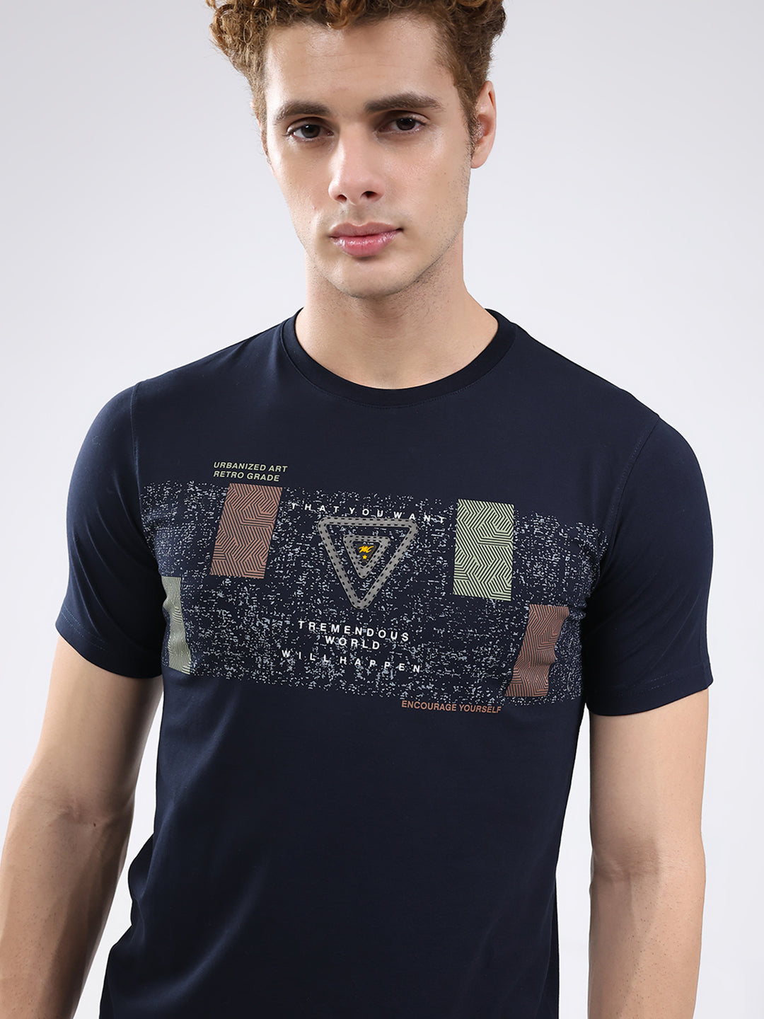 Men Navy Blue Printed Round Neck Half Sleeve T-Shirt