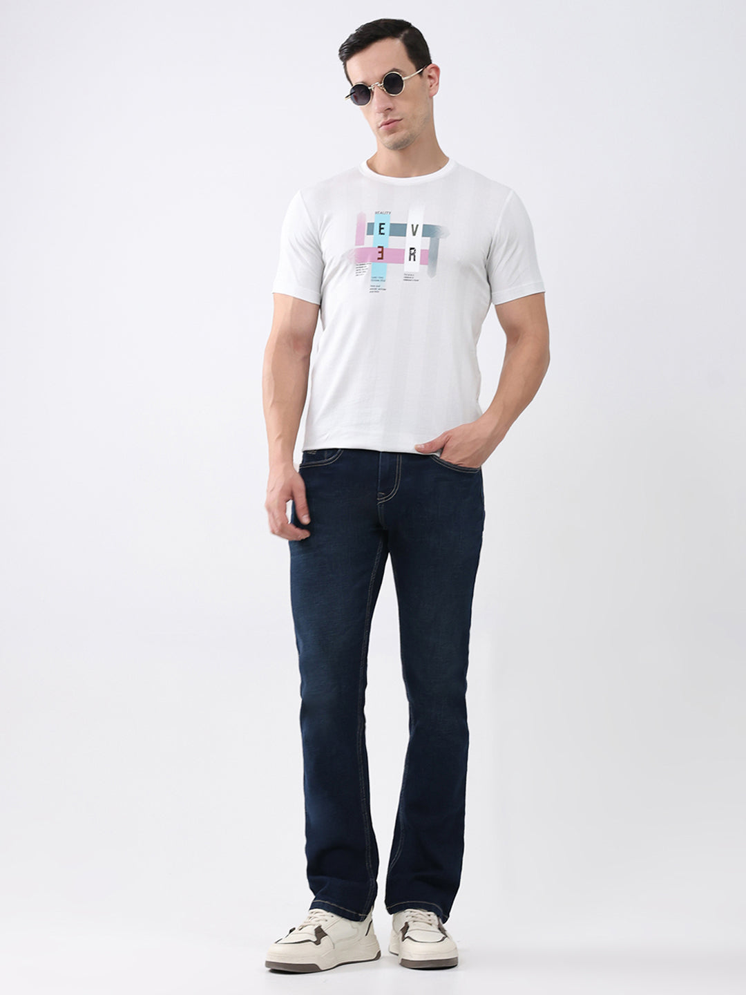 Men White Printed Round Neck Half Sleeve T-Shirt