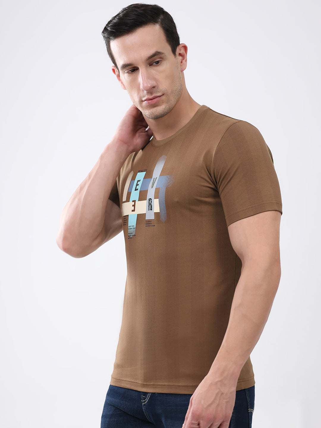 Men Brown Printed Round Neck Half Sleeve T-Shirt