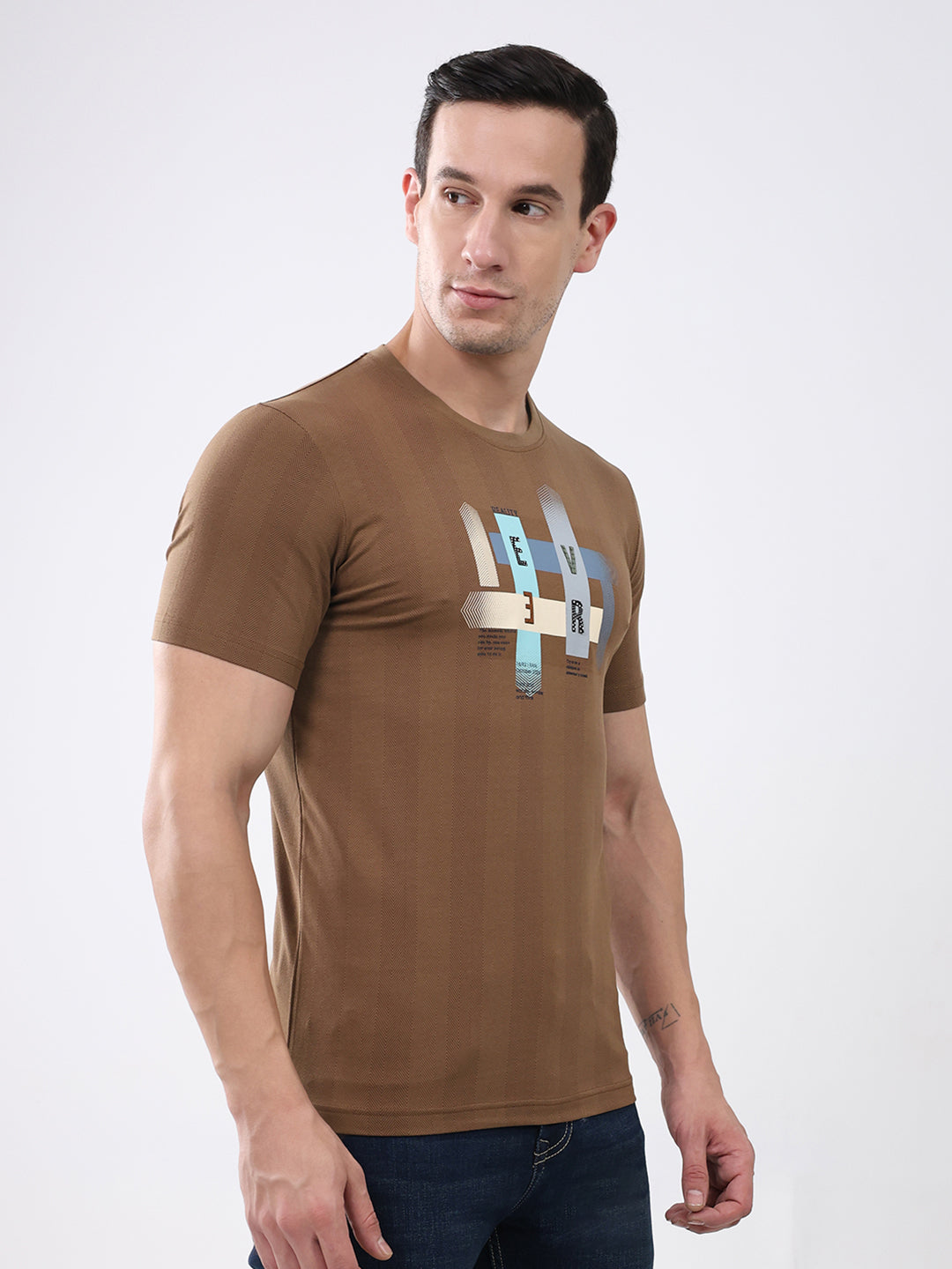 Men Brown Printed Round Neck Half Sleeve T-Shirt