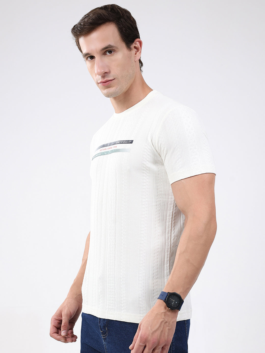 Men Cream Solid Round Neck Half Sleeve T-Shirt