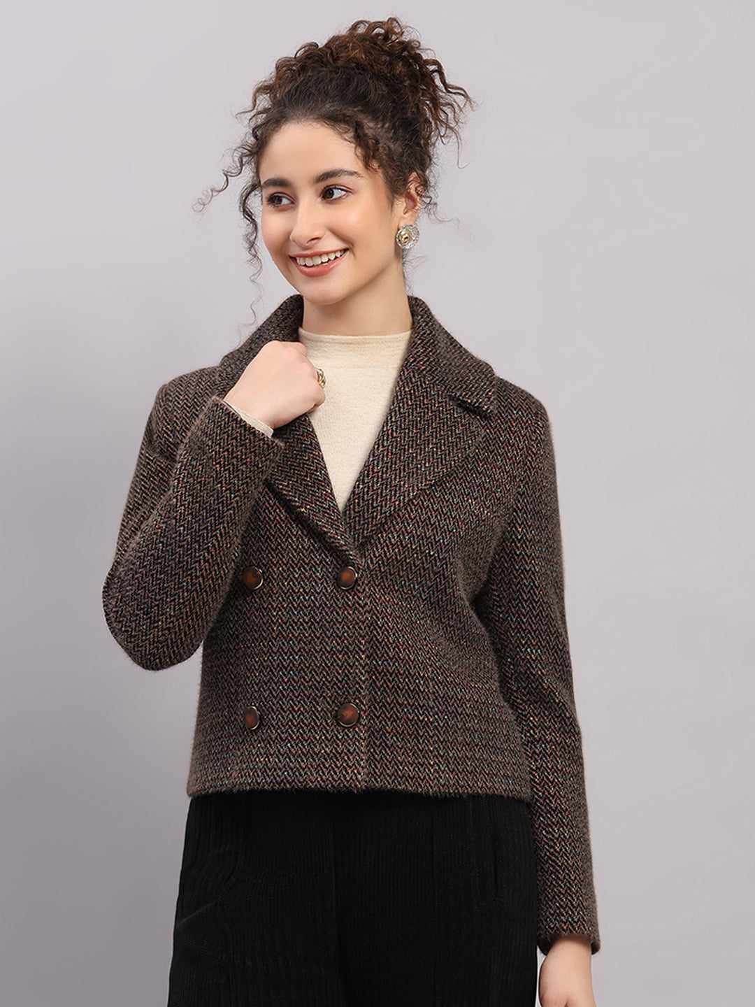 Women Brown Printed Collar Full Sleeve Coat