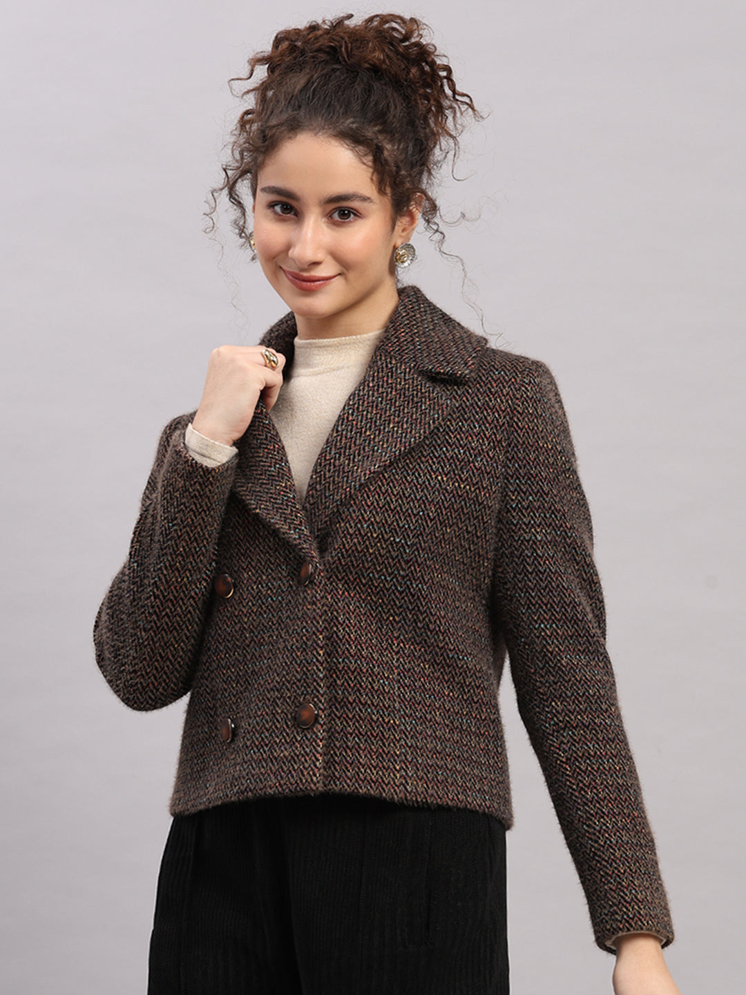 Women Brown Printed Collar Full Sleeve Coat
