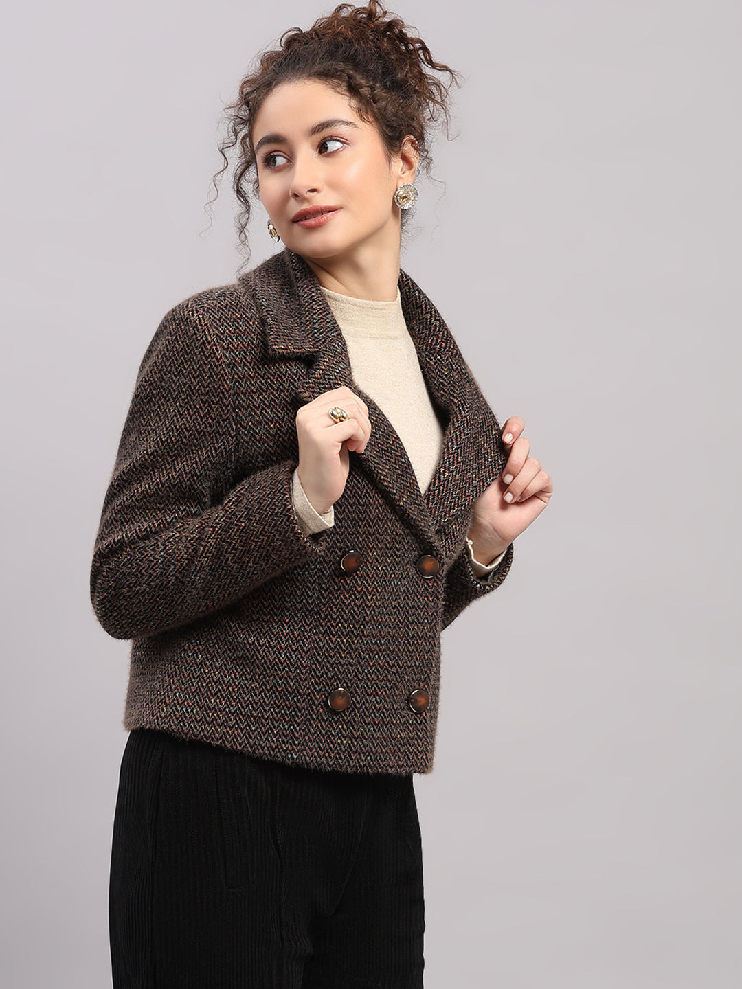 Women Brown Printed Collar Full Sleeve Coat