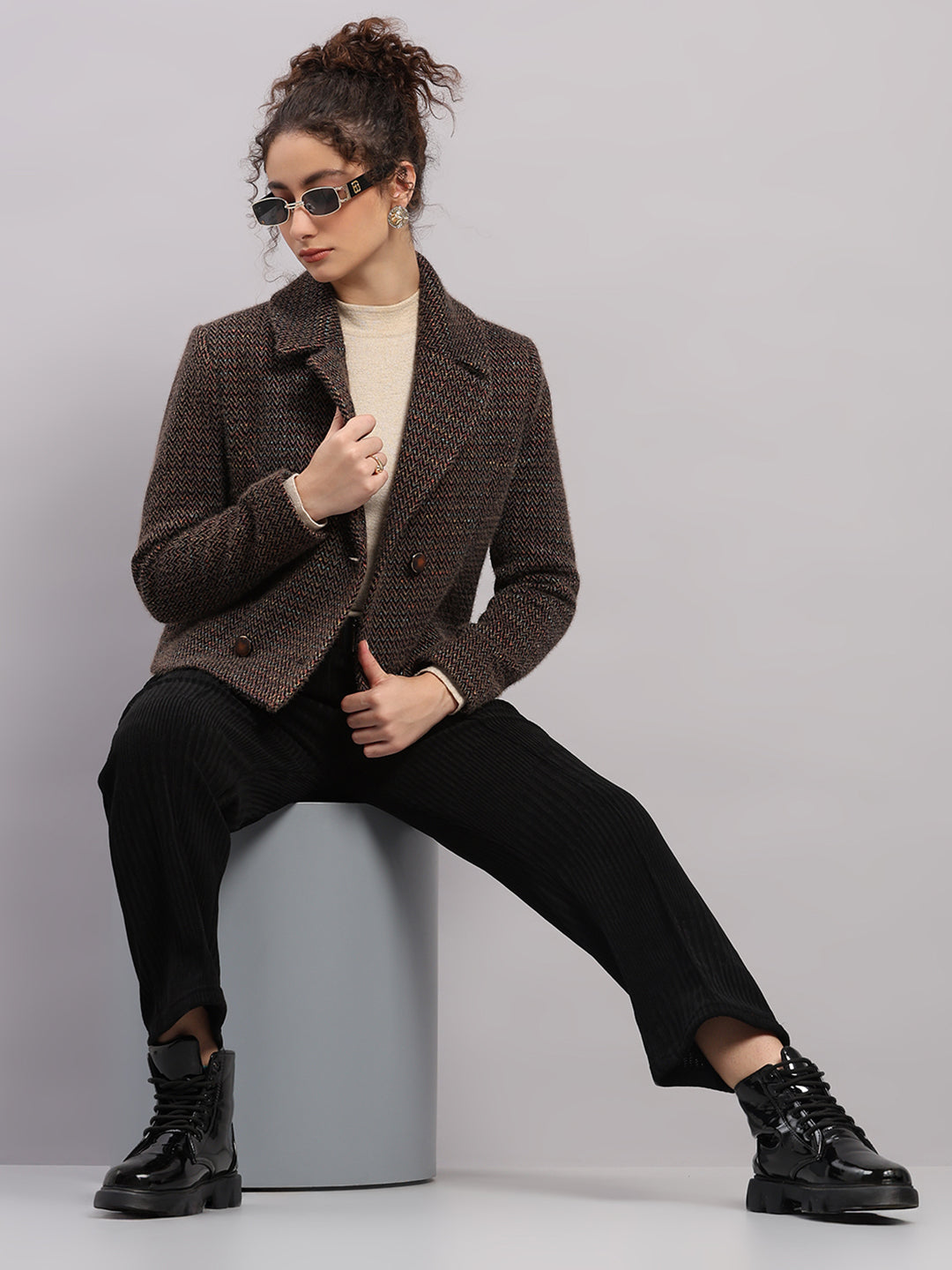 Women Brown Printed Collar Full Sleeve Coat