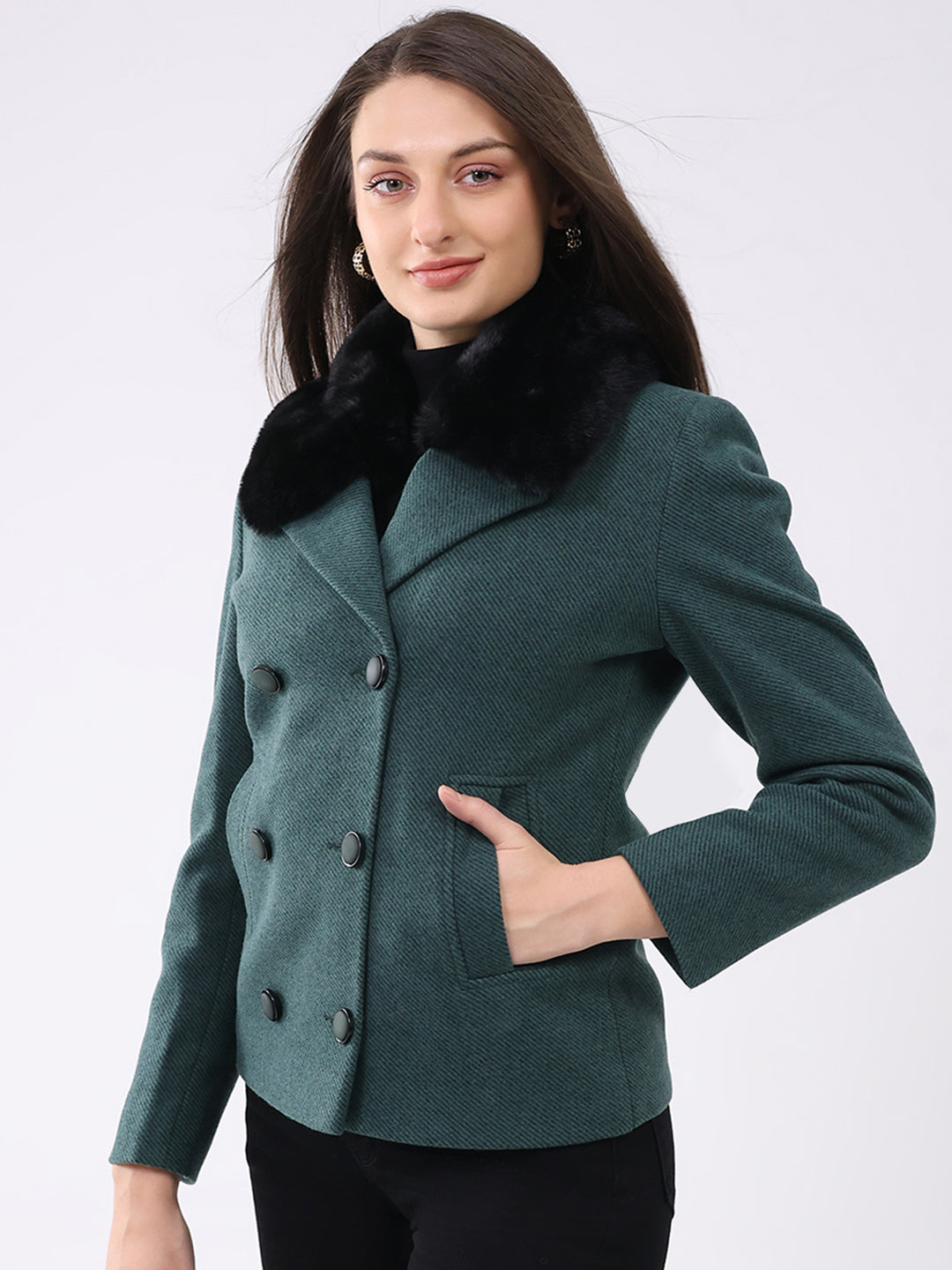 Women Green Solid Notch Lapel Collar Full Sleeve Coat