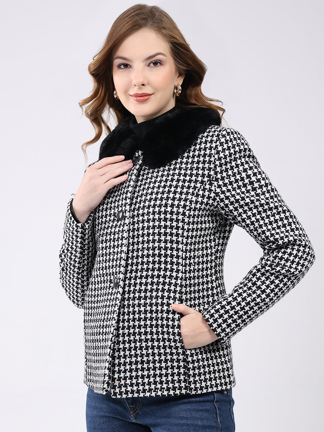 Women Black Self Design Collar Full Sleeve Coat