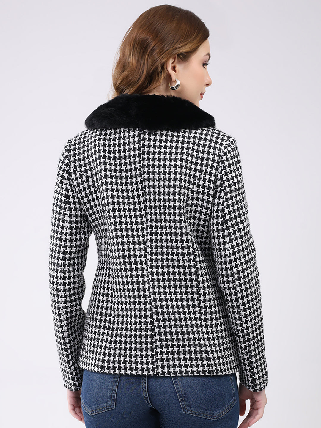 Women Black Self Design Collar Full Sleeve Coat