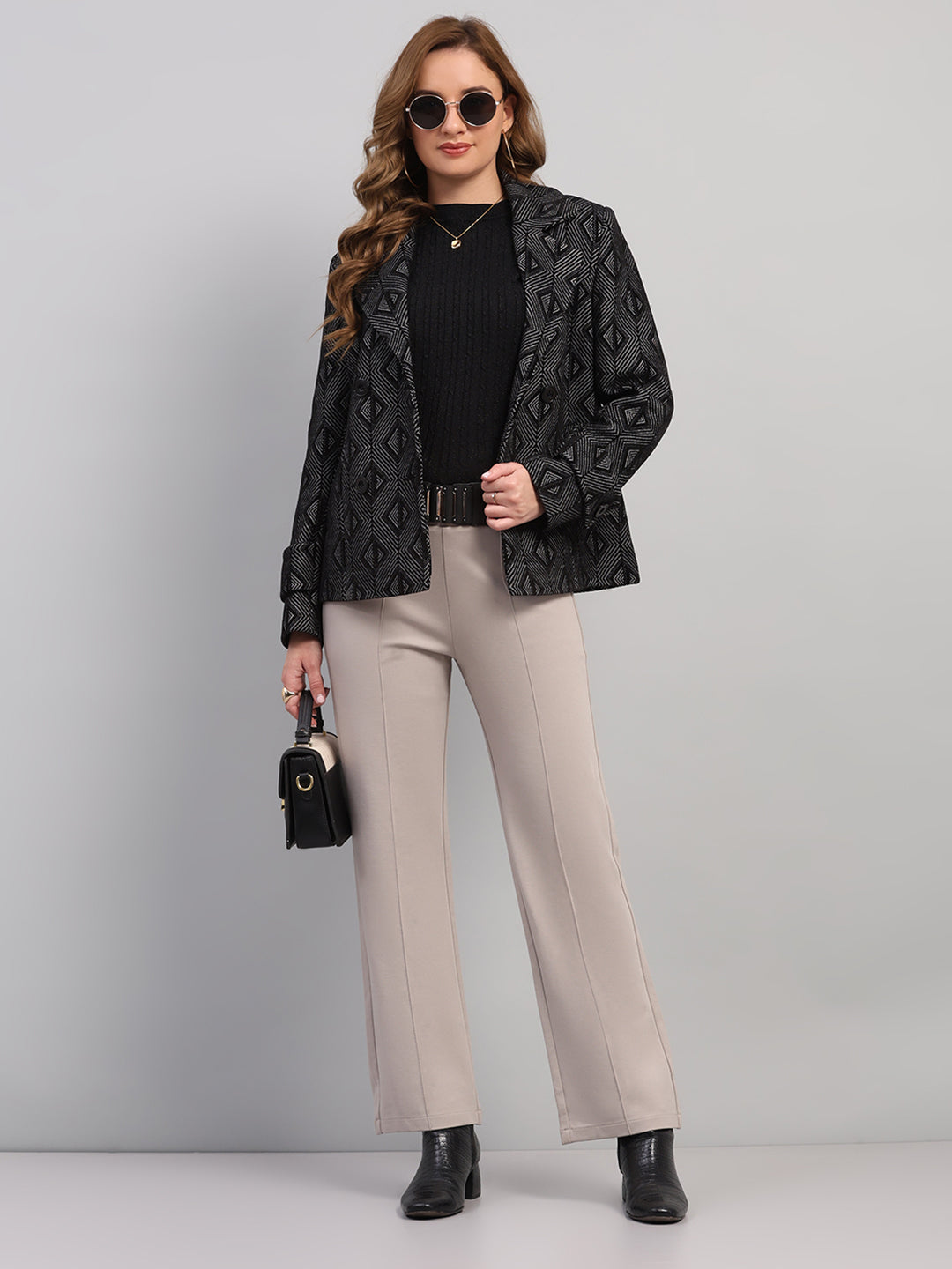 Women Black Self Design Collar Full Sleeve Coat