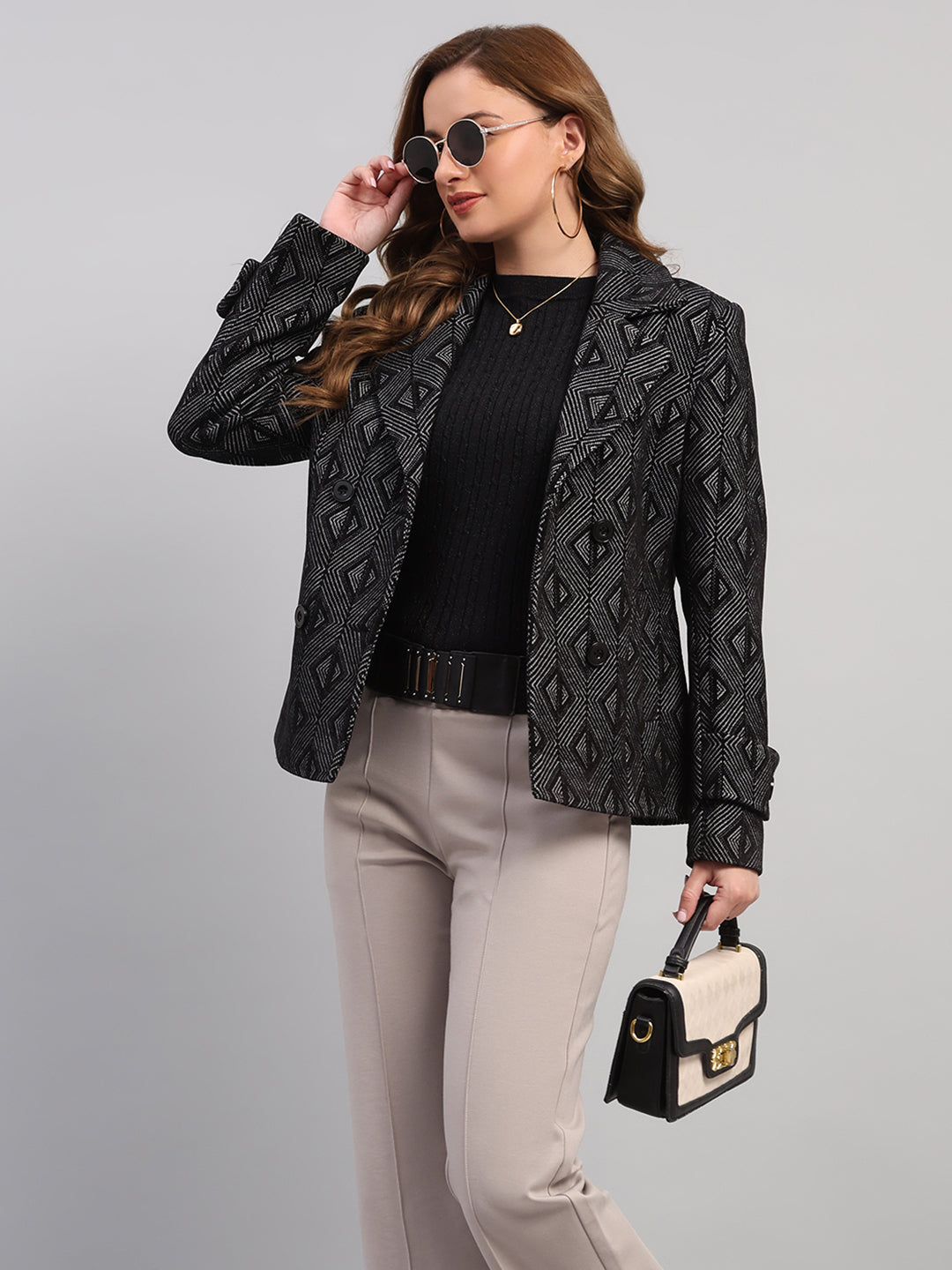 Women Black Self Design Collar Full Sleeve Coat