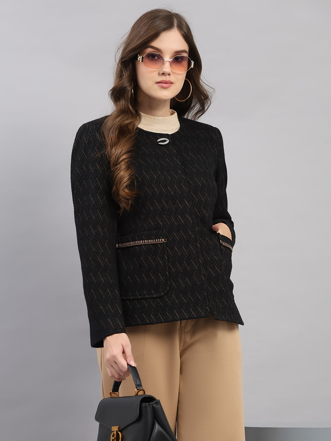 Women Black Self Design Collar Full Sleeve Coat