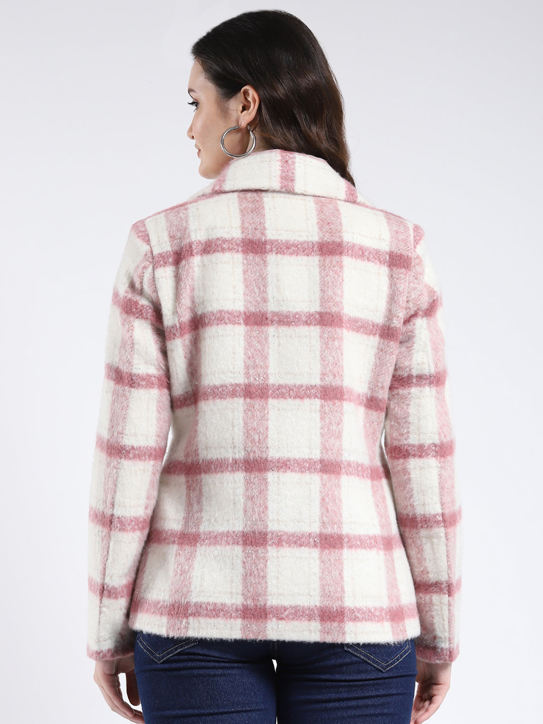 Women Pink Check Notch Lapel Collar Full Sleeve Coat