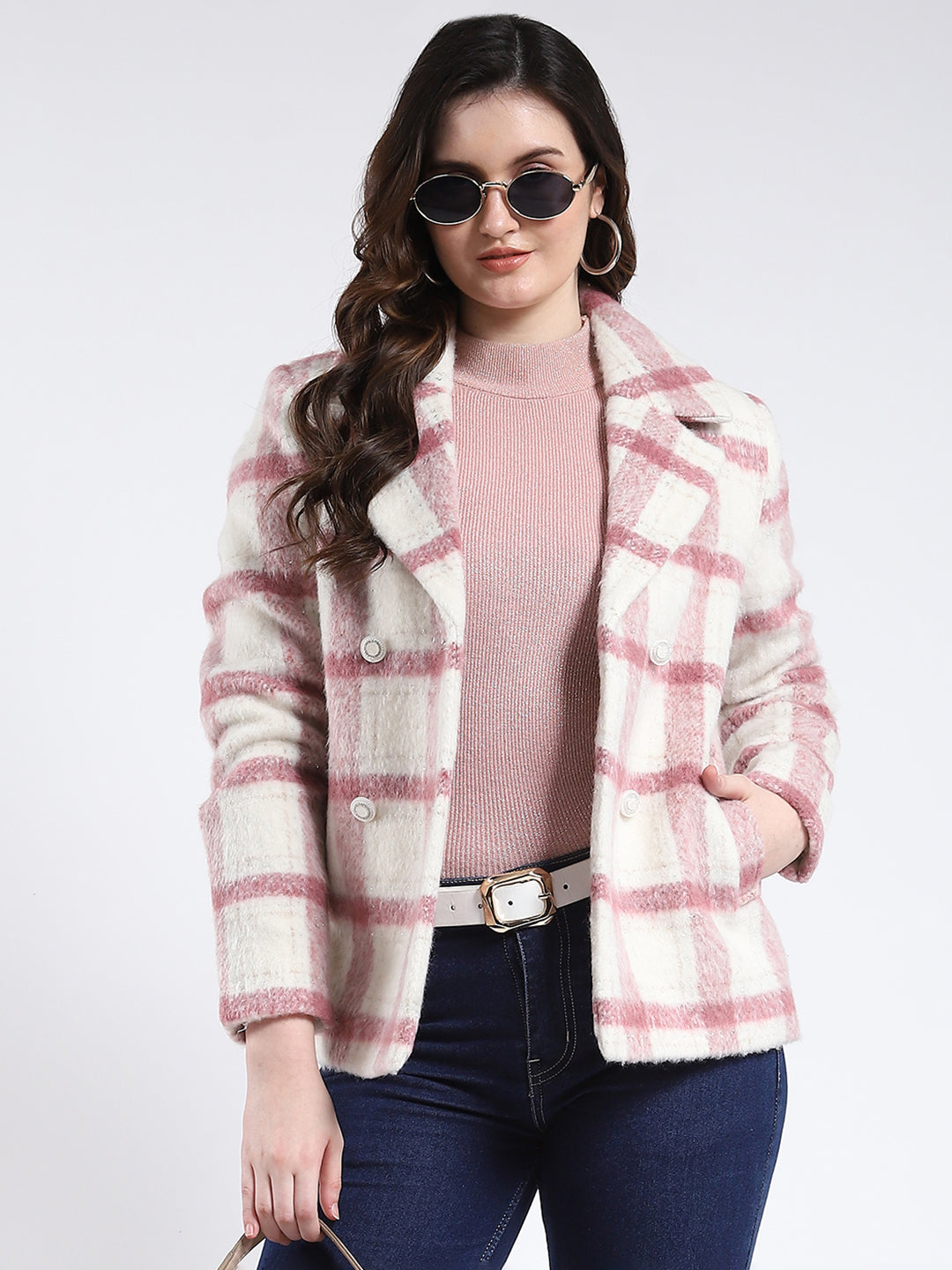 Women Pink Check Notch Lapel Collar Full Sleeve Coat
