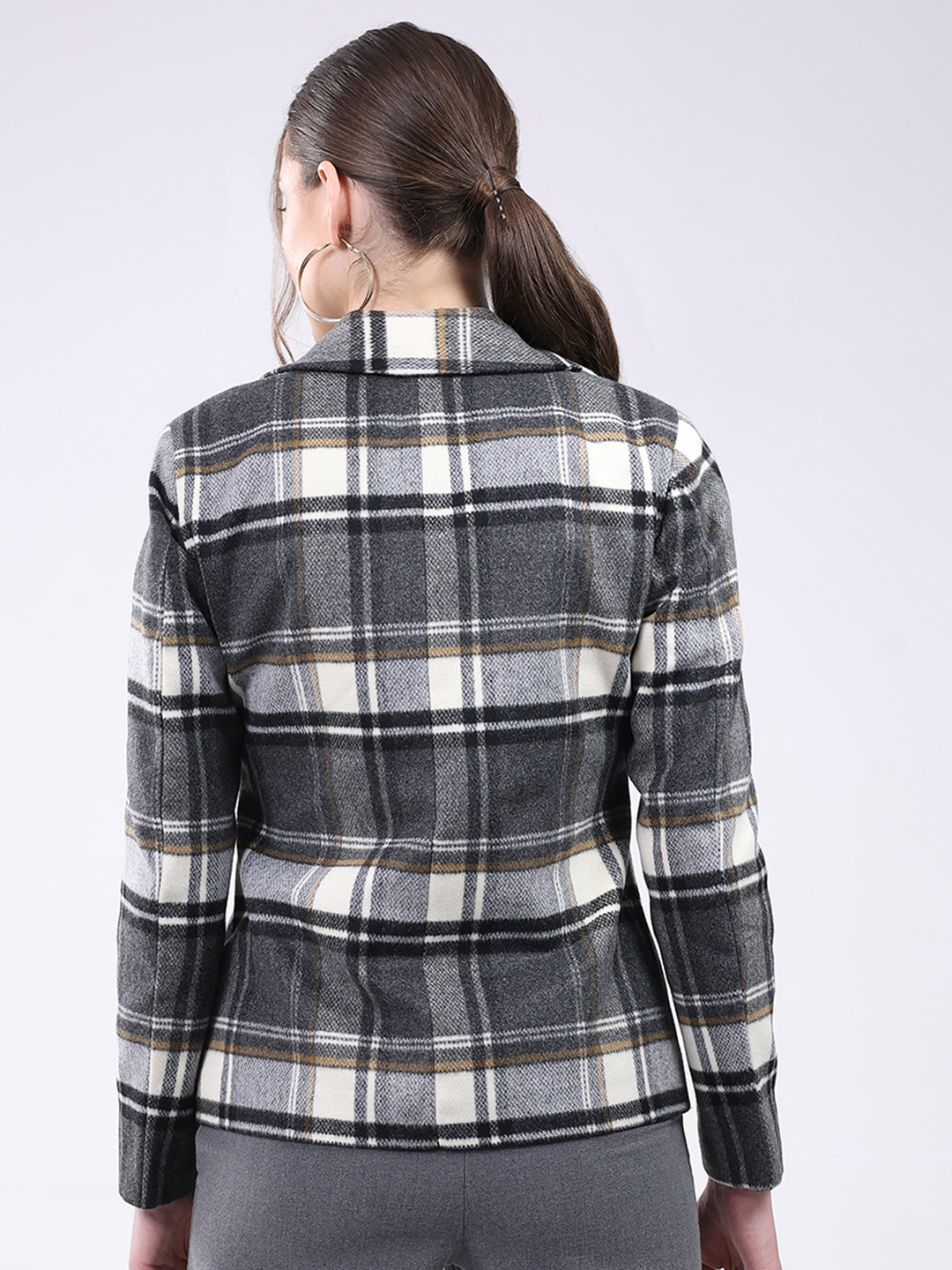 Women Grey Check Notch Lapel Collar Full Sleeve Coat