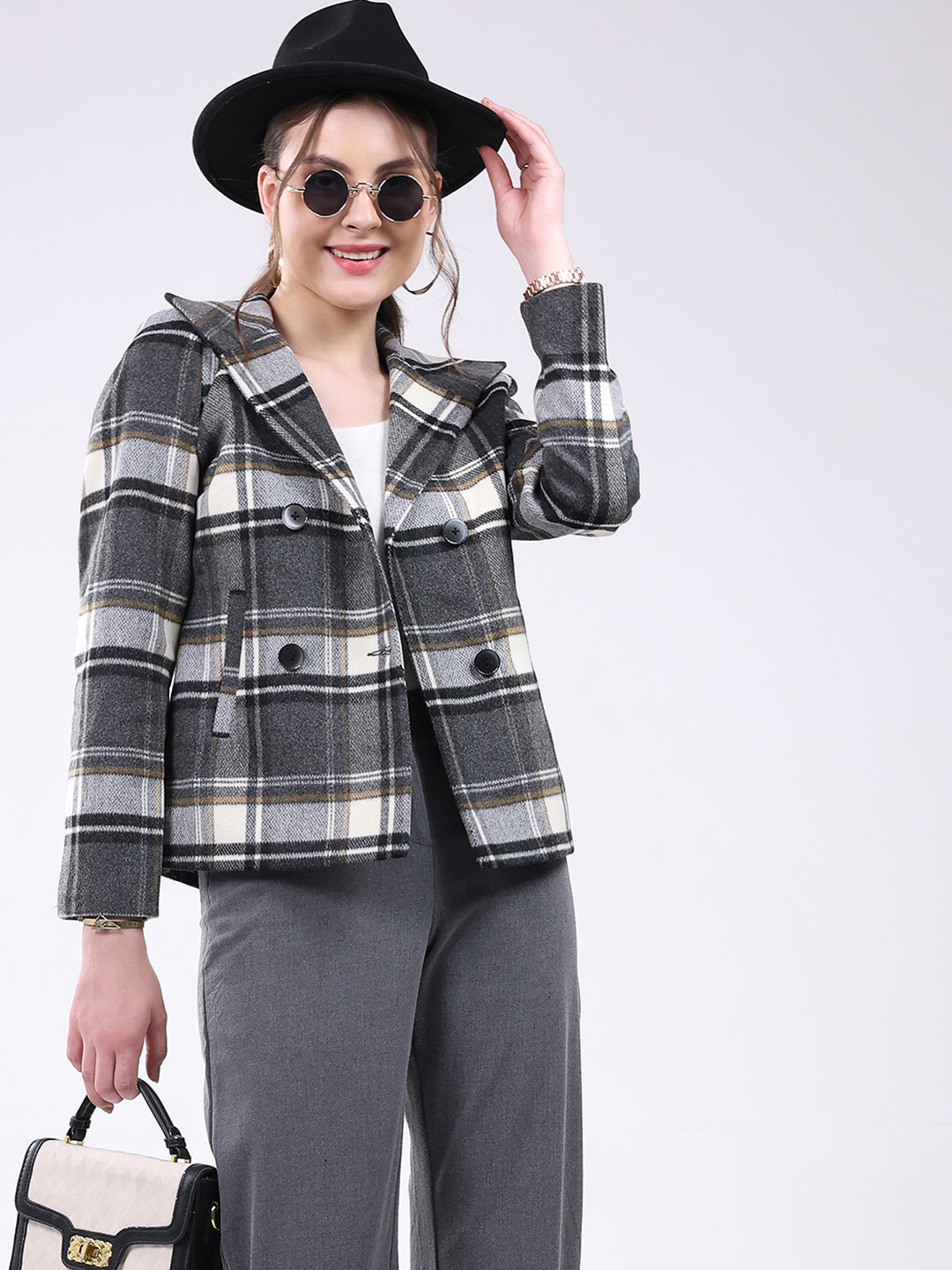 Women Grey Check Notch Lapel Collar Full Sleeve Coat