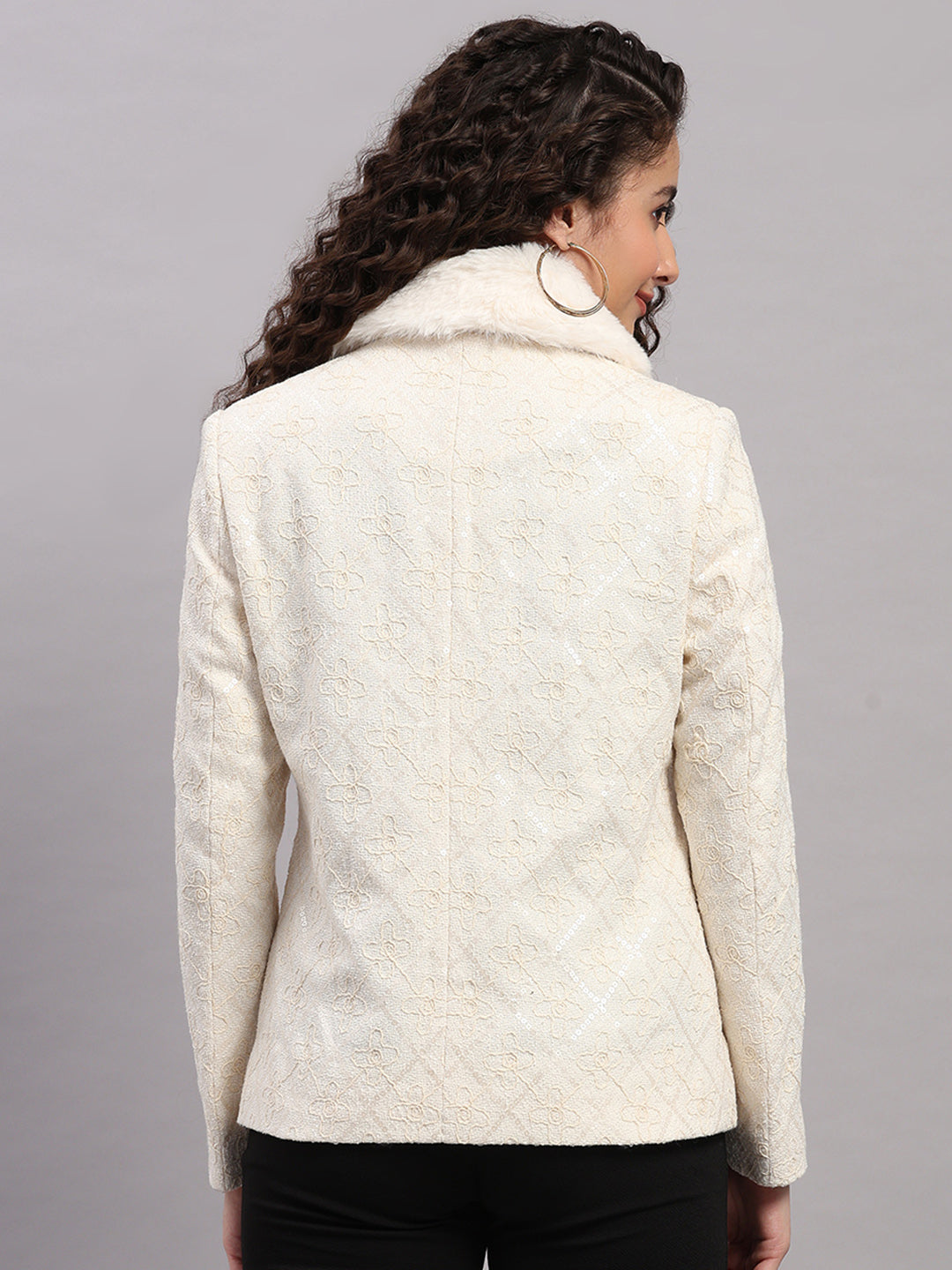 Women Beige Embroidered Collar Full Sleeve Coat