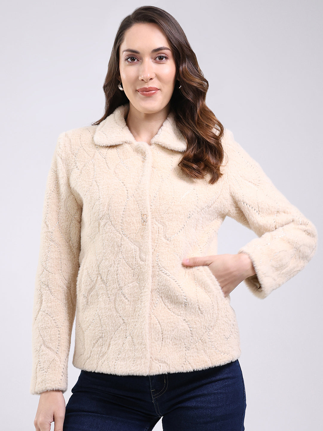 Women Beige Self Design Collar Full Sleeve Coat
