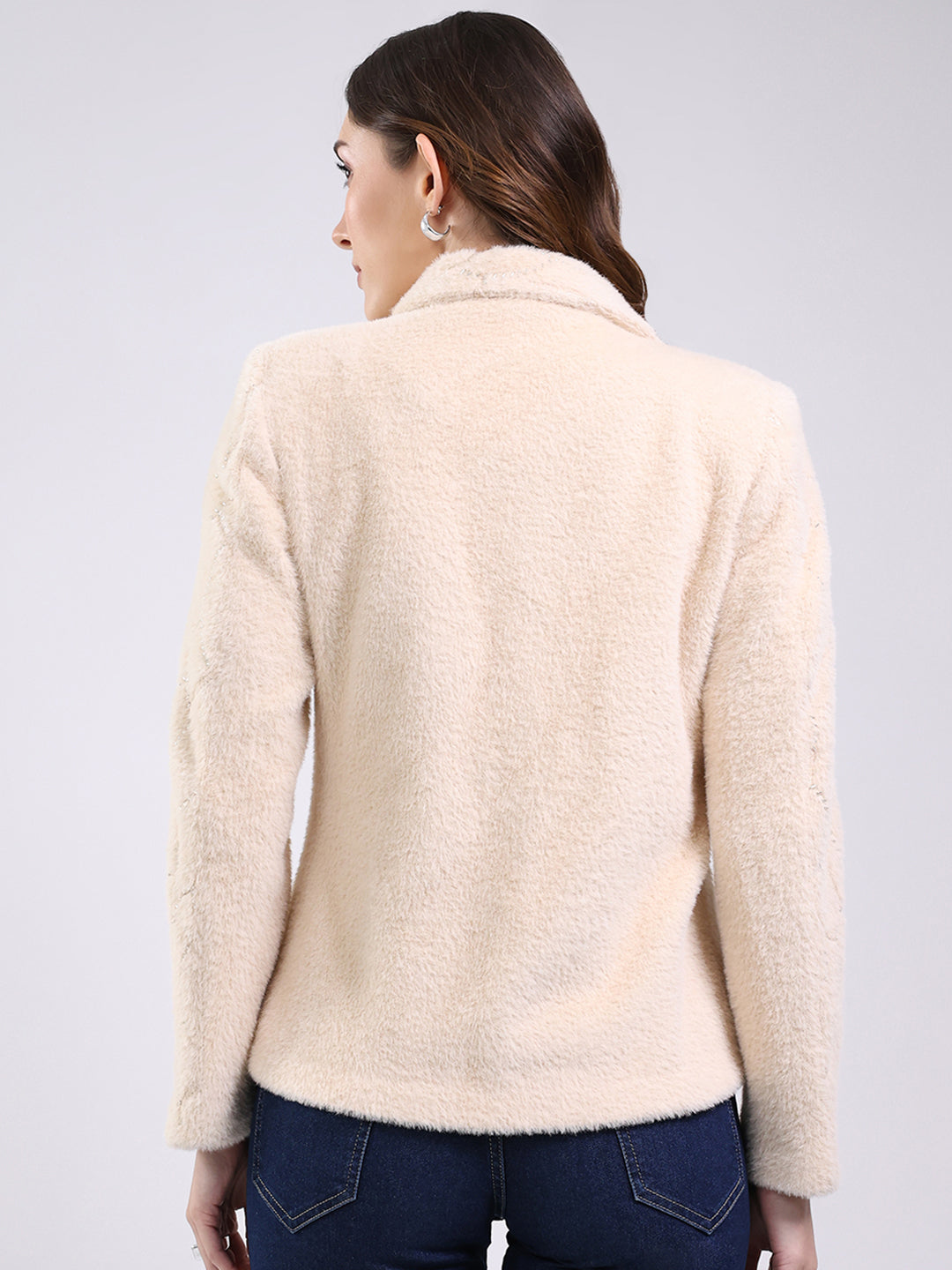 Women Beige Self Design Collar Full Sleeve Coat