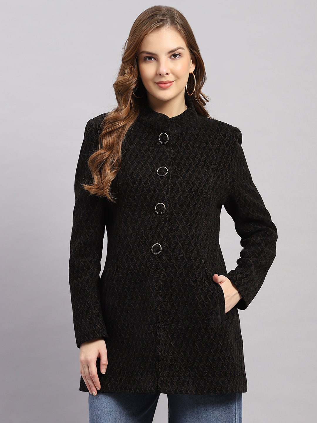 Women Black Self Design Collar Full Sleeve Coat