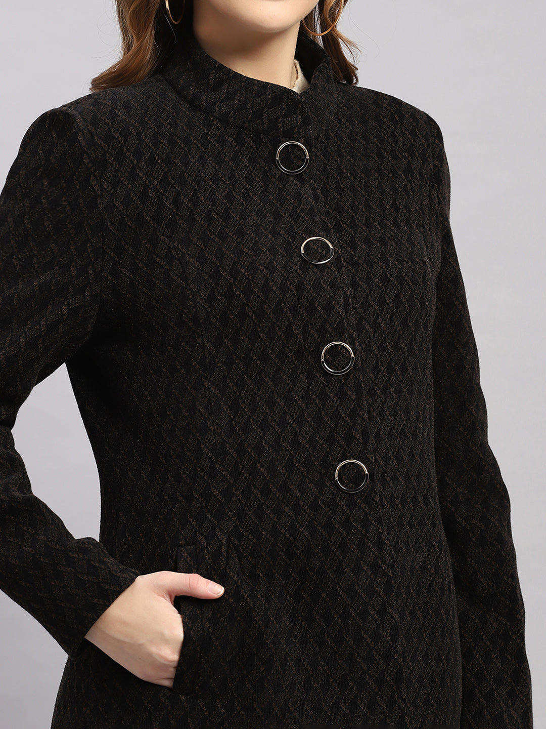 Women Black Self Design Collar Full Sleeve Coat