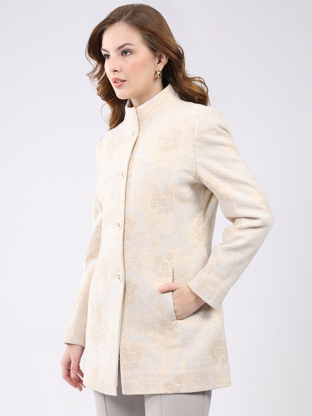 Women Beige Self Design Band Neck Full Sleeve Coat