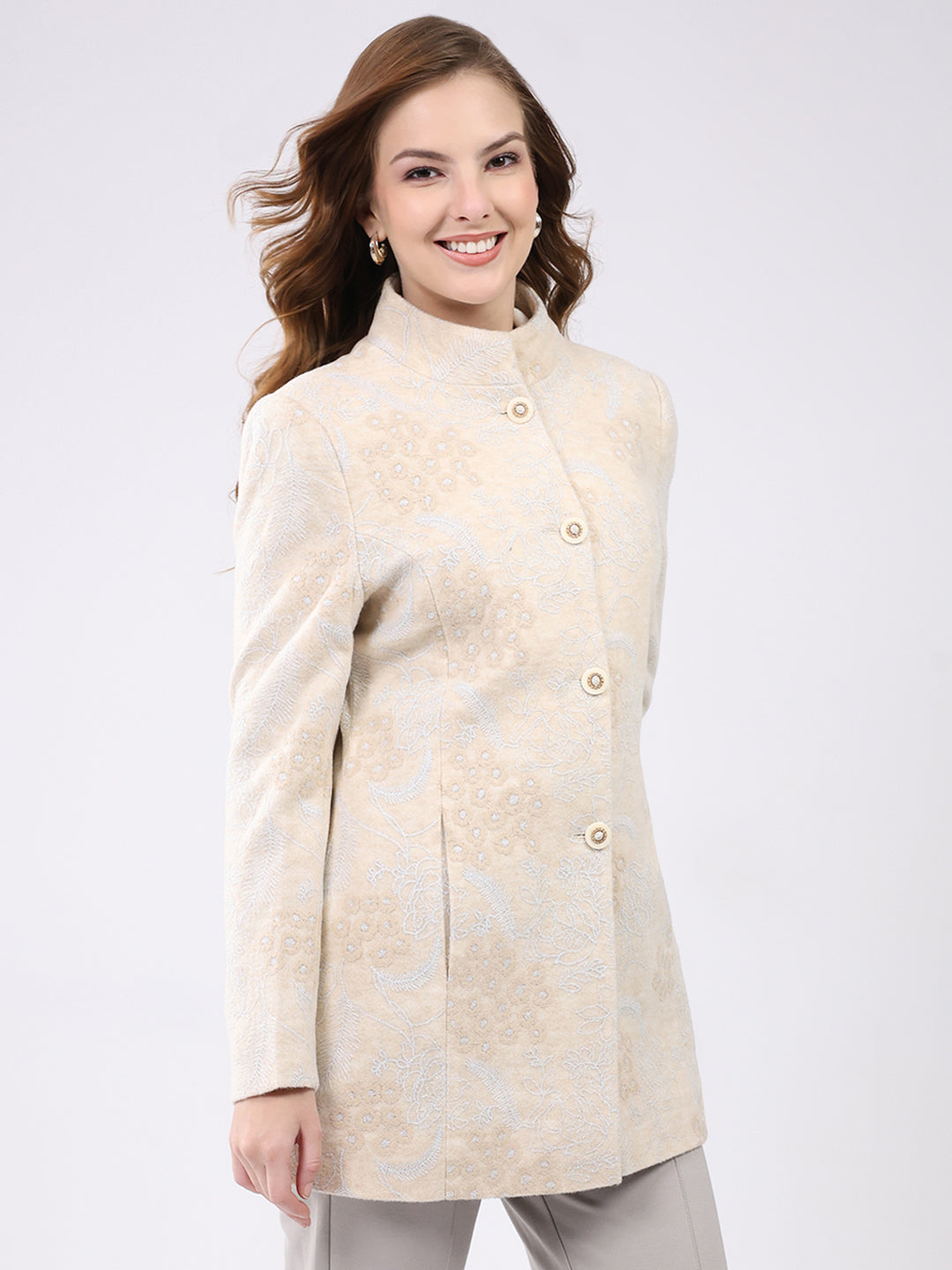Women Beige Self Design Band Neck Full Sleeve Coat