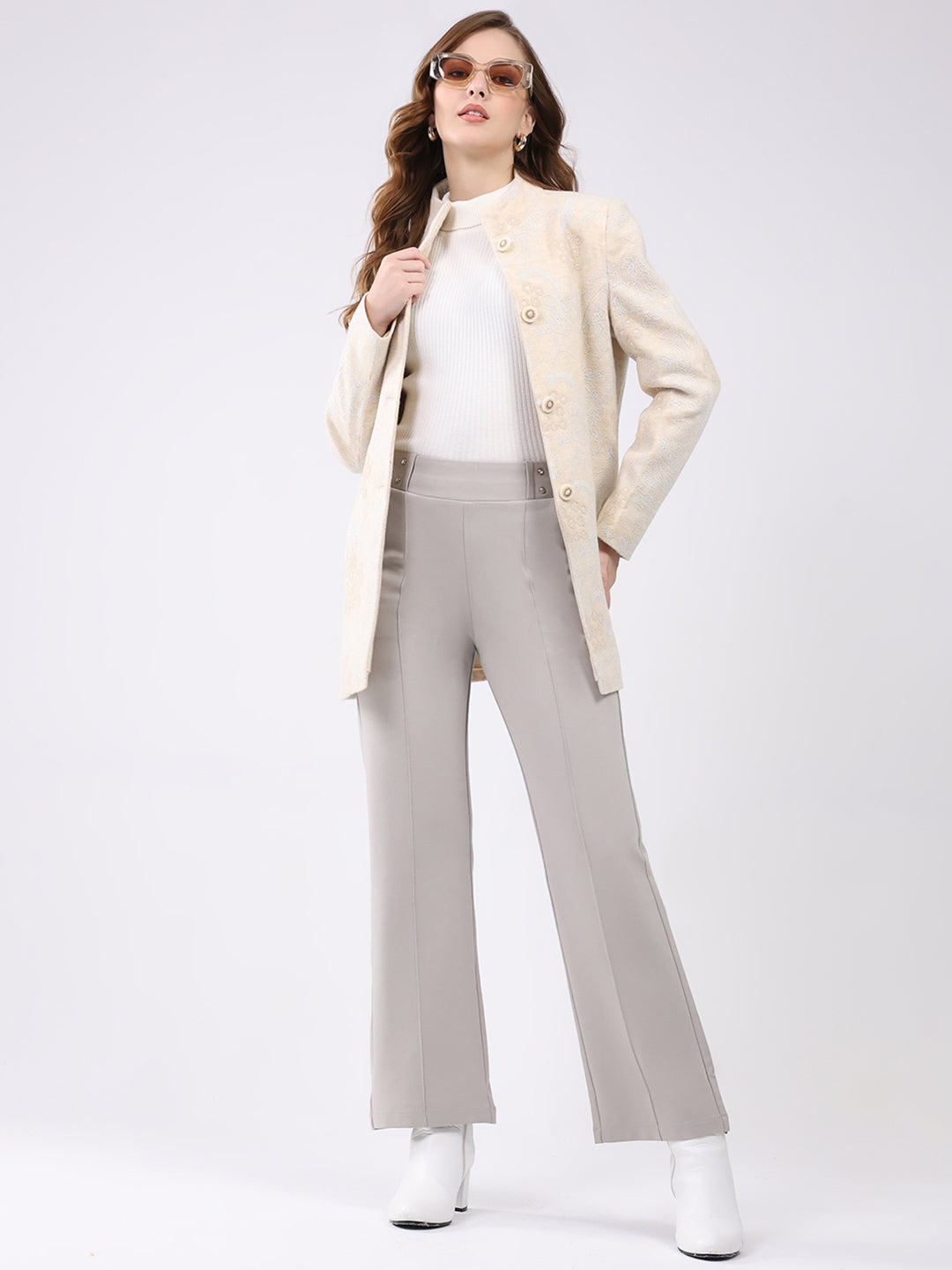 Women Beige Self Design Band Neck Full Sleeve Coat