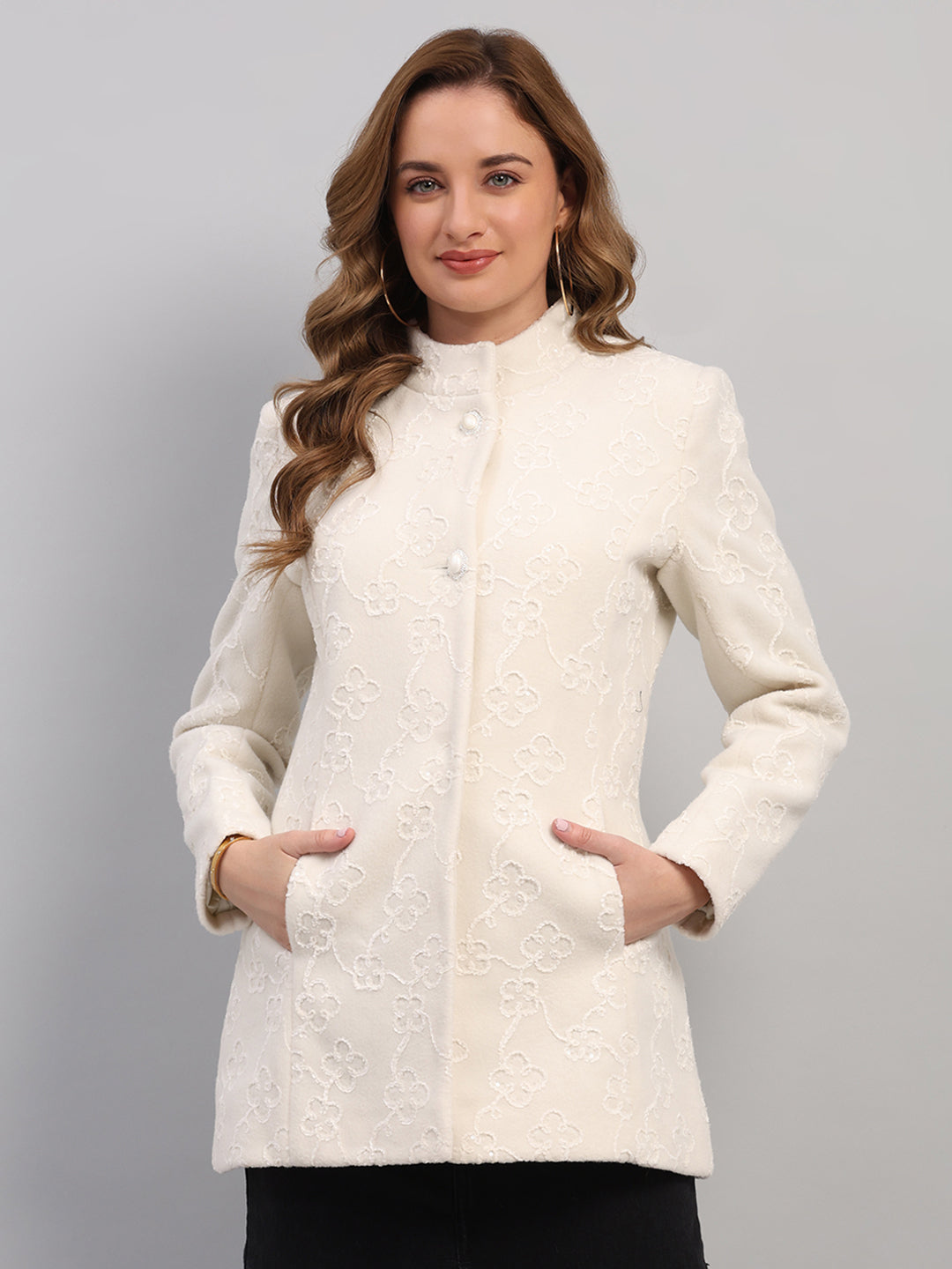 Women Off White Embroidered Collar Full Sleeve Coat