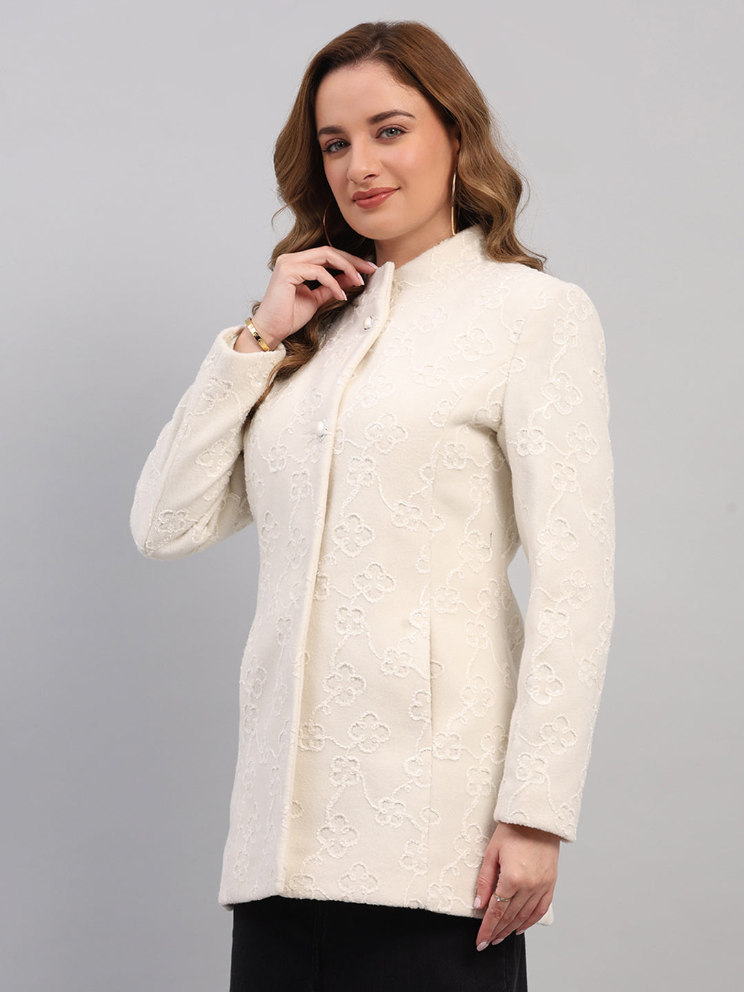 Women Off White Embroidered Collar Full Sleeve Coat
