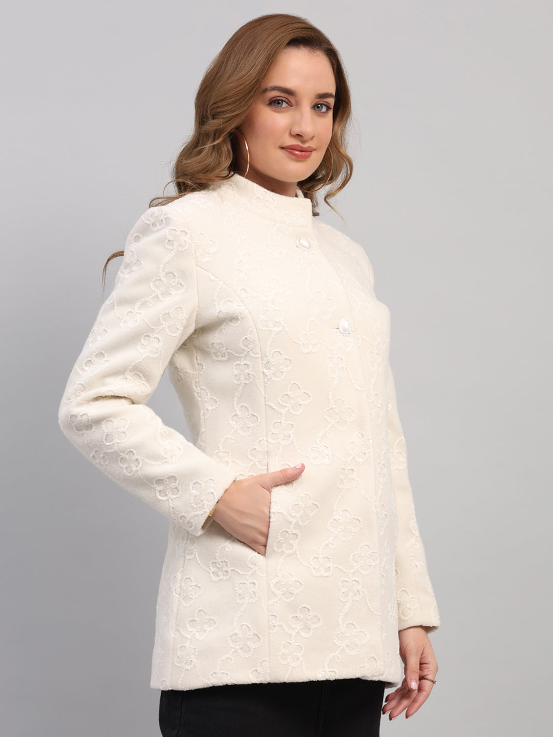 Women Off White Embroidered Collar Full Sleeve Coat