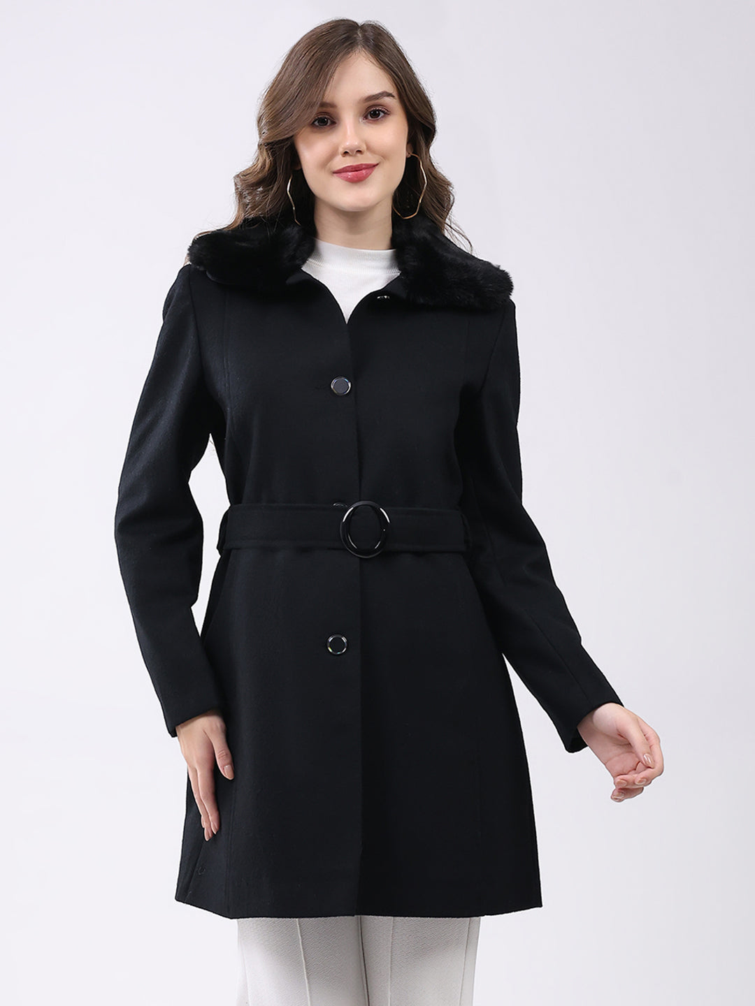 Women Black Solid Collar Full Sleeve Coat