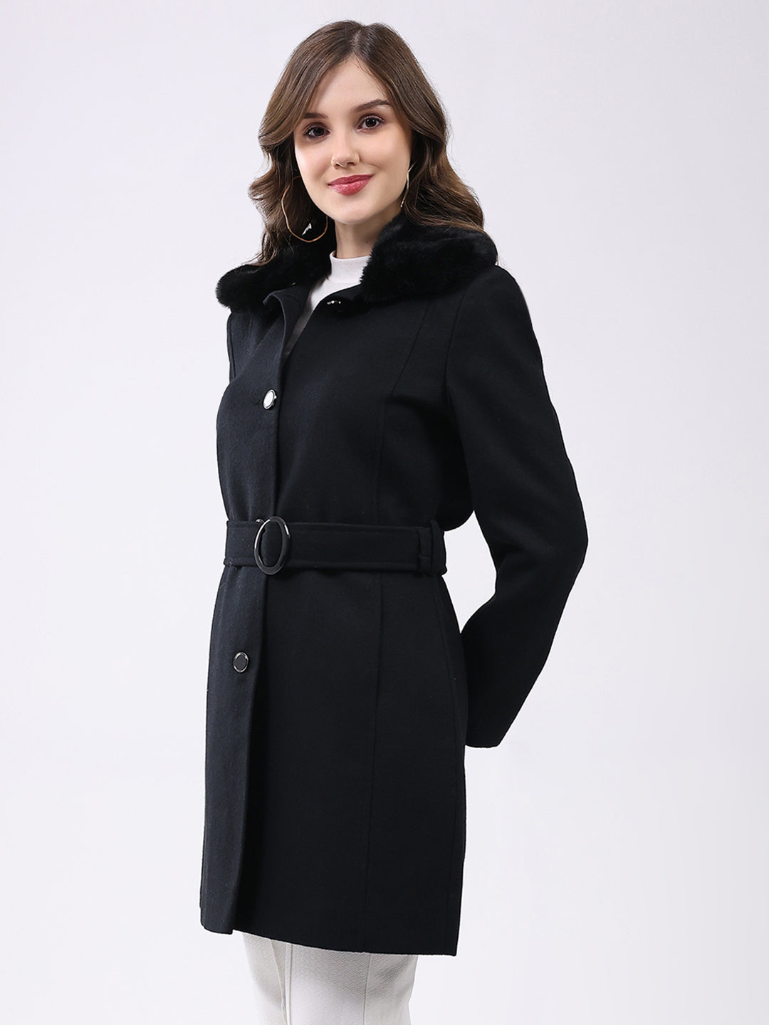 Women Black Solid Collar Full Sleeve Coat