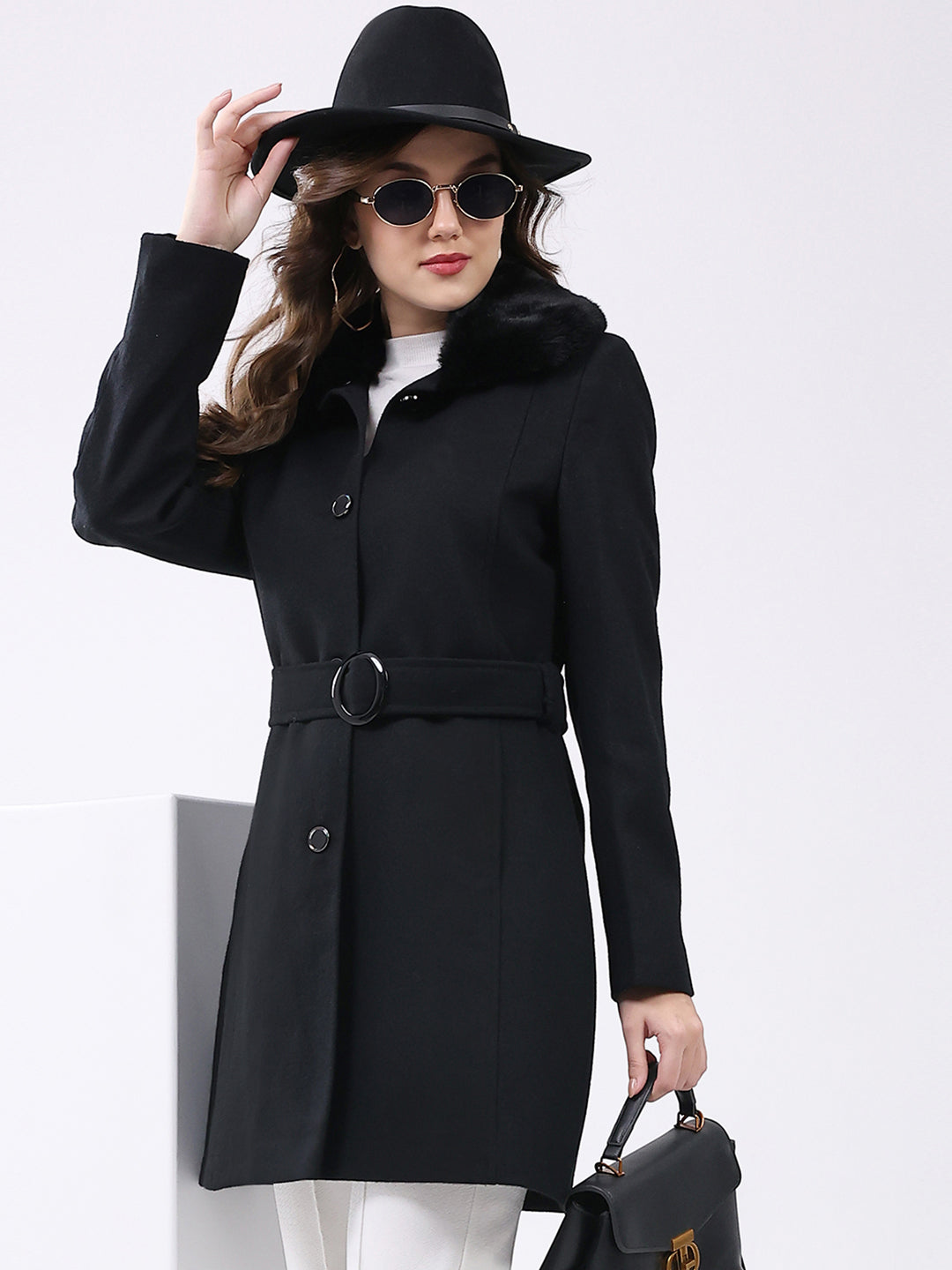 Women Black Solid Collar Full Sleeve Coat