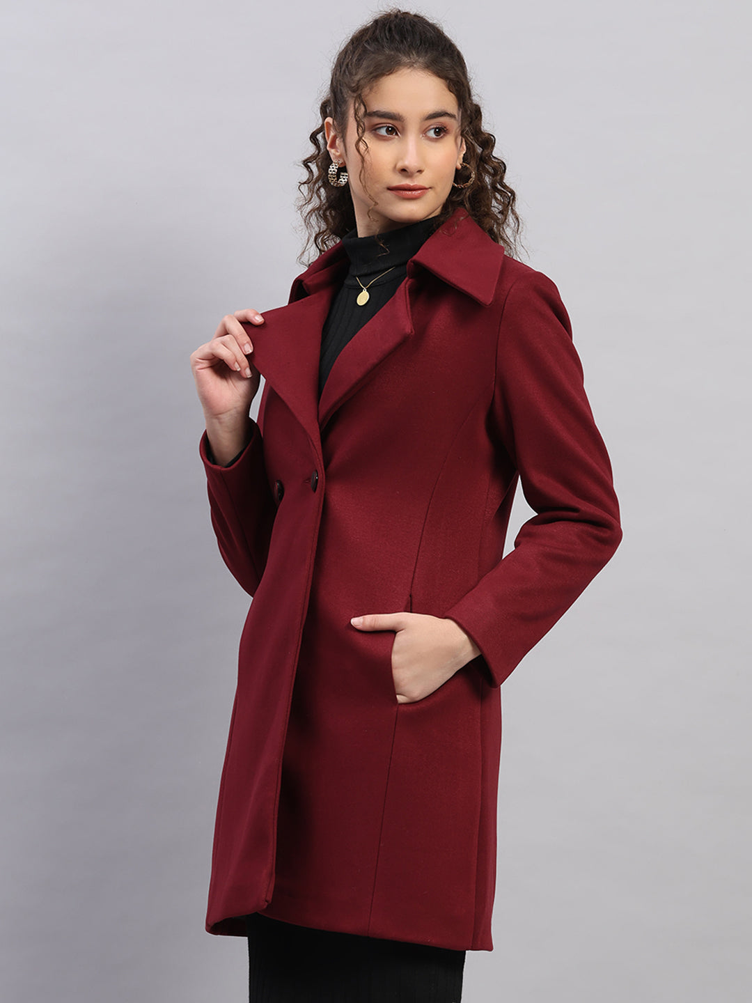 Women Burgundy Solid Collar Full Sleeve Coat