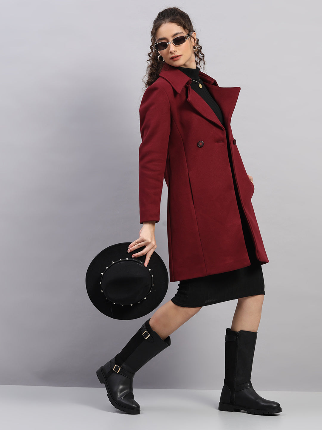 Women Burgundy Solid Collar Full Sleeve Coat