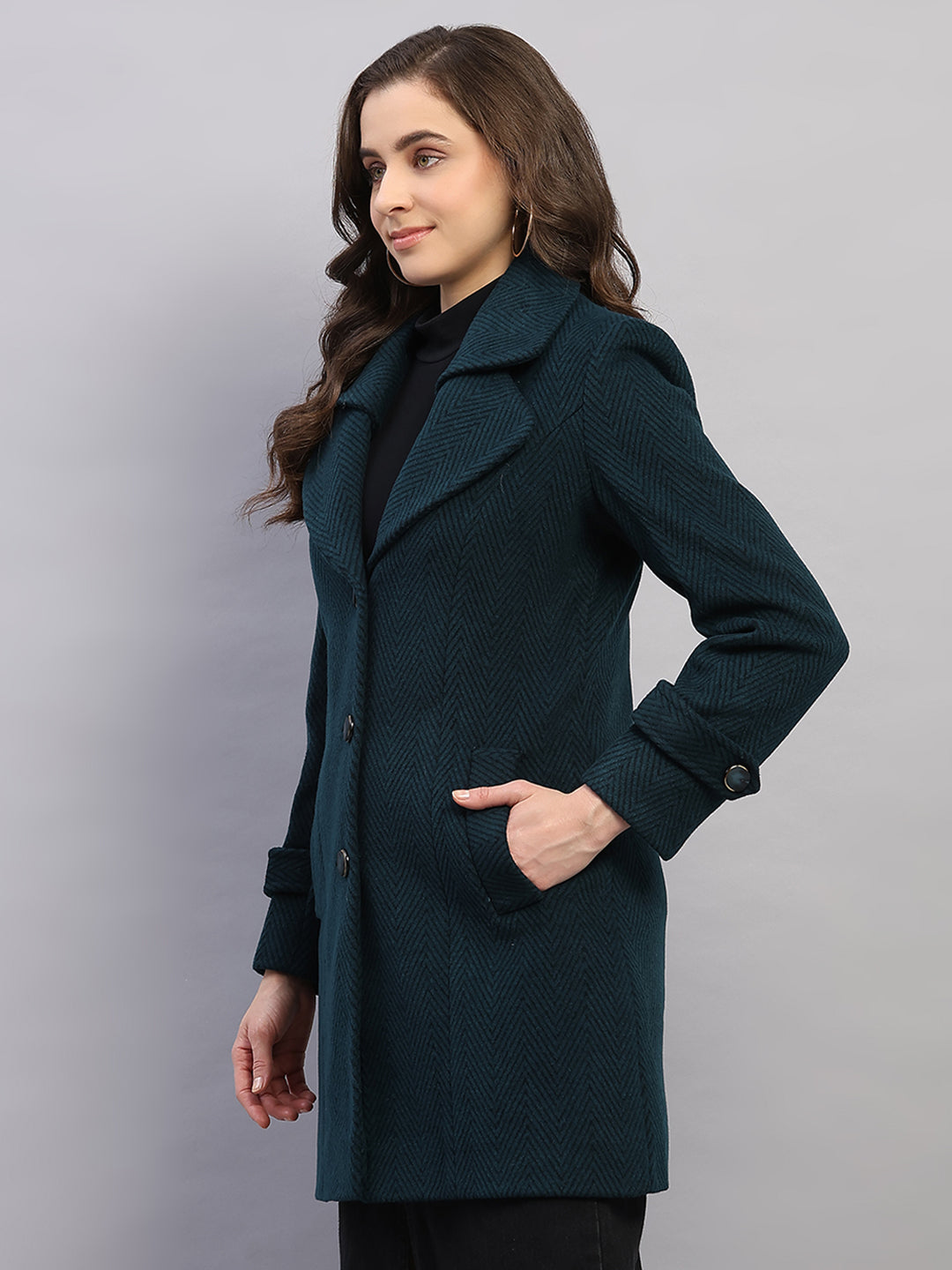 Women Teal Blue Printed Collar Full Sleeve Coat