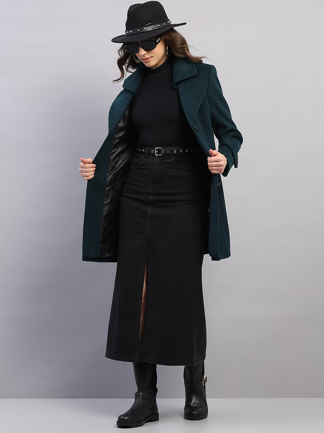 Women Teal Blue Printed Collar Full Sleeve Coat